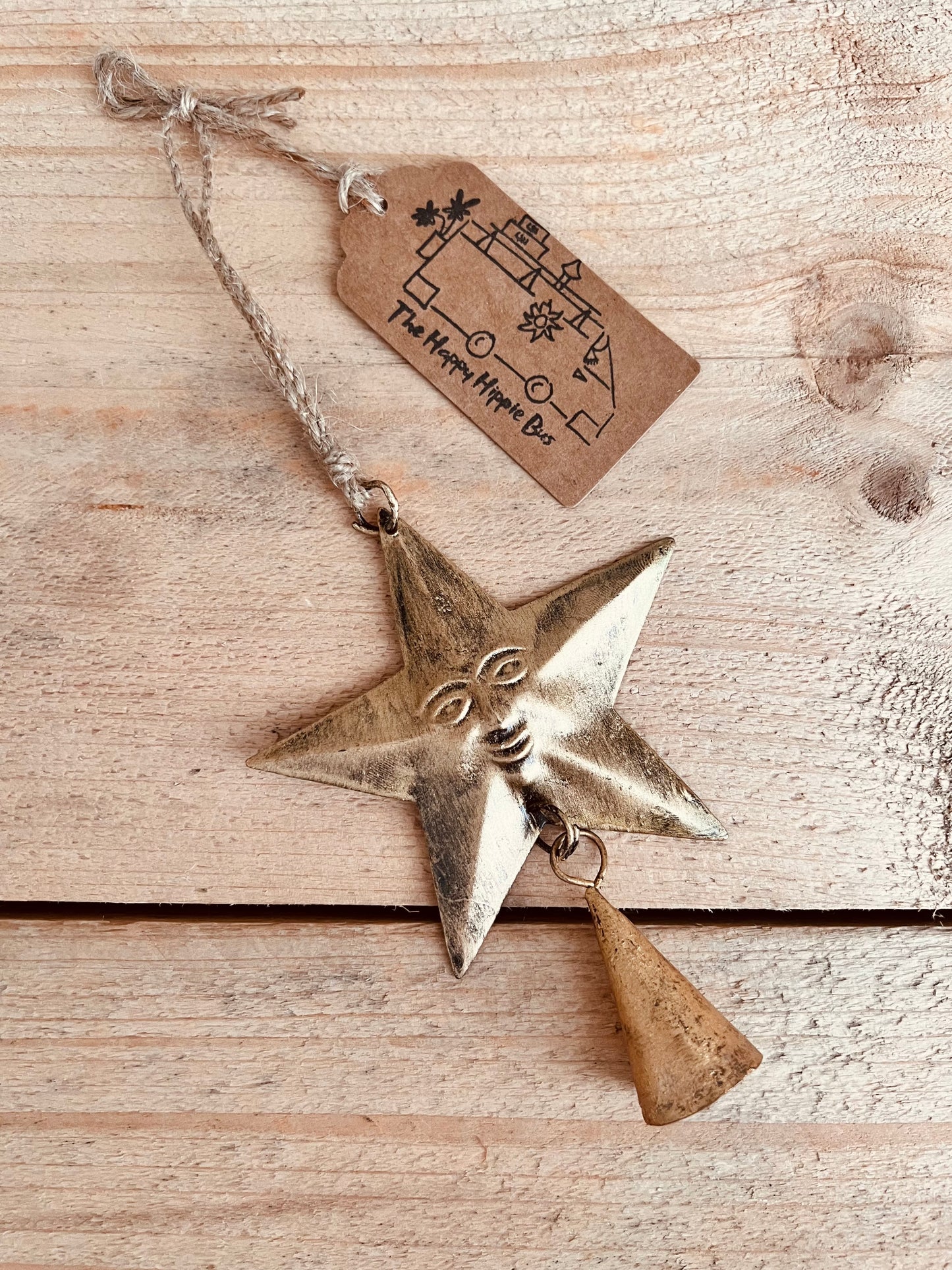 Handmade Fair Trade Smiling Gold Star Bell Indian Bell Mini Bohemian Hippie Hanging Decor