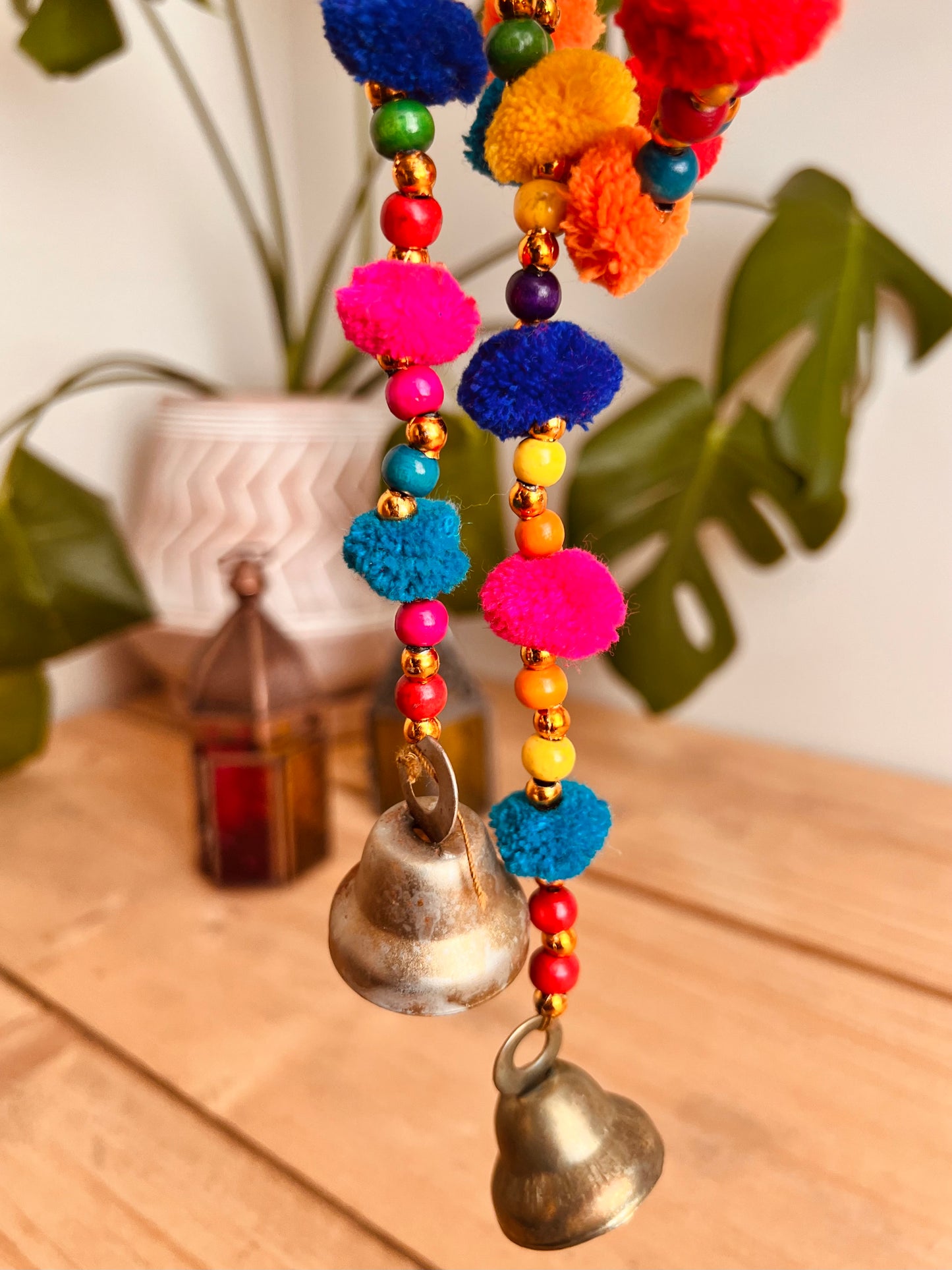 Long string of colourful handmade pom pom bells, hanging string of bells & beads, home living boho hippie decor bells, handmade, fair trade, ethically sourced