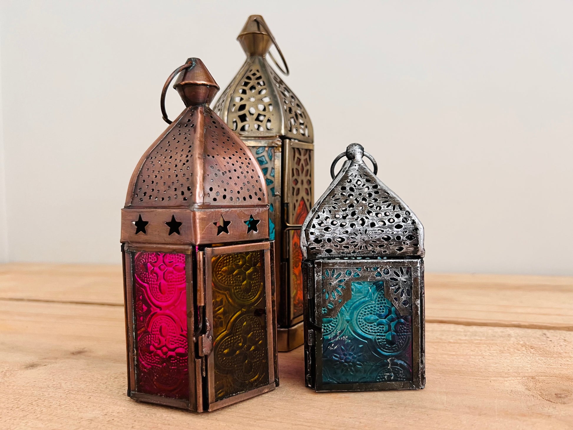 Handmade Fair Trade Pink & Yellow Copper Moroccan Style Lantern Bohemian Hippie T Light Holder Star Pattern 