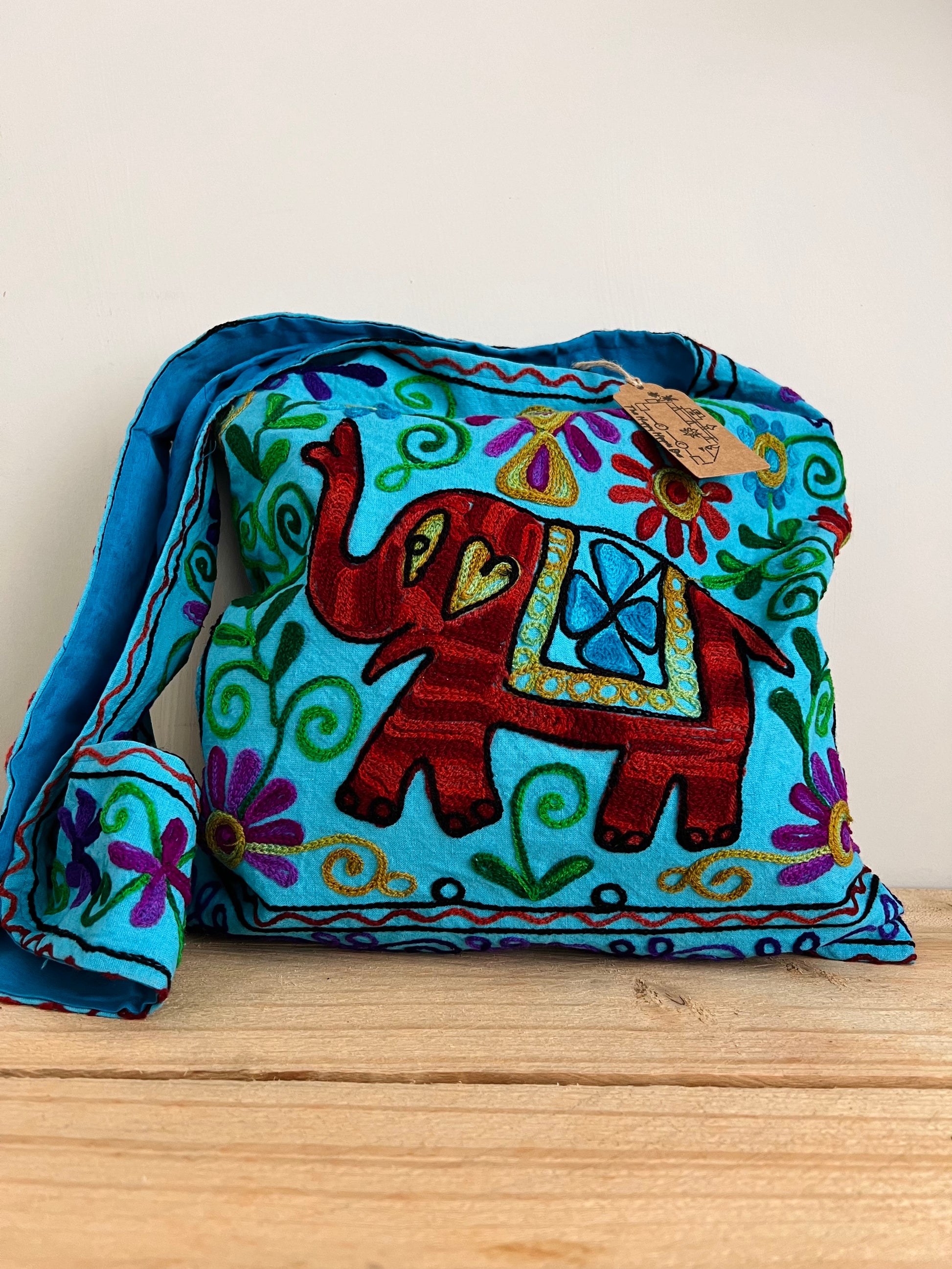 Handmade Fair Trade Hand Embroidered Elephant Hippie Shoulder Bag In Blue & Green Bohemian Festival Beach Bag 