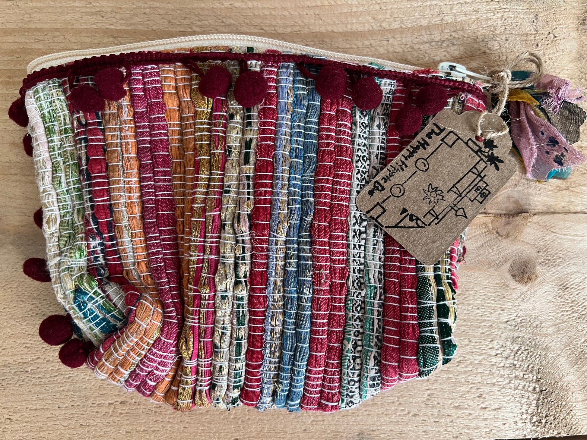 Handmade Fair Trade Recycled Sari Make Up Case Coin Purse Rainbow With Pom Pom Edge 