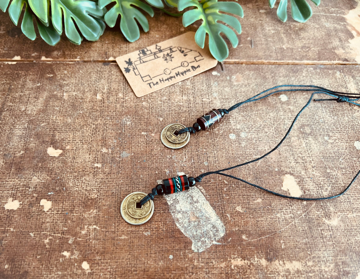 Good Fortune Coin & Tribal Boho Bead Cord Necklace