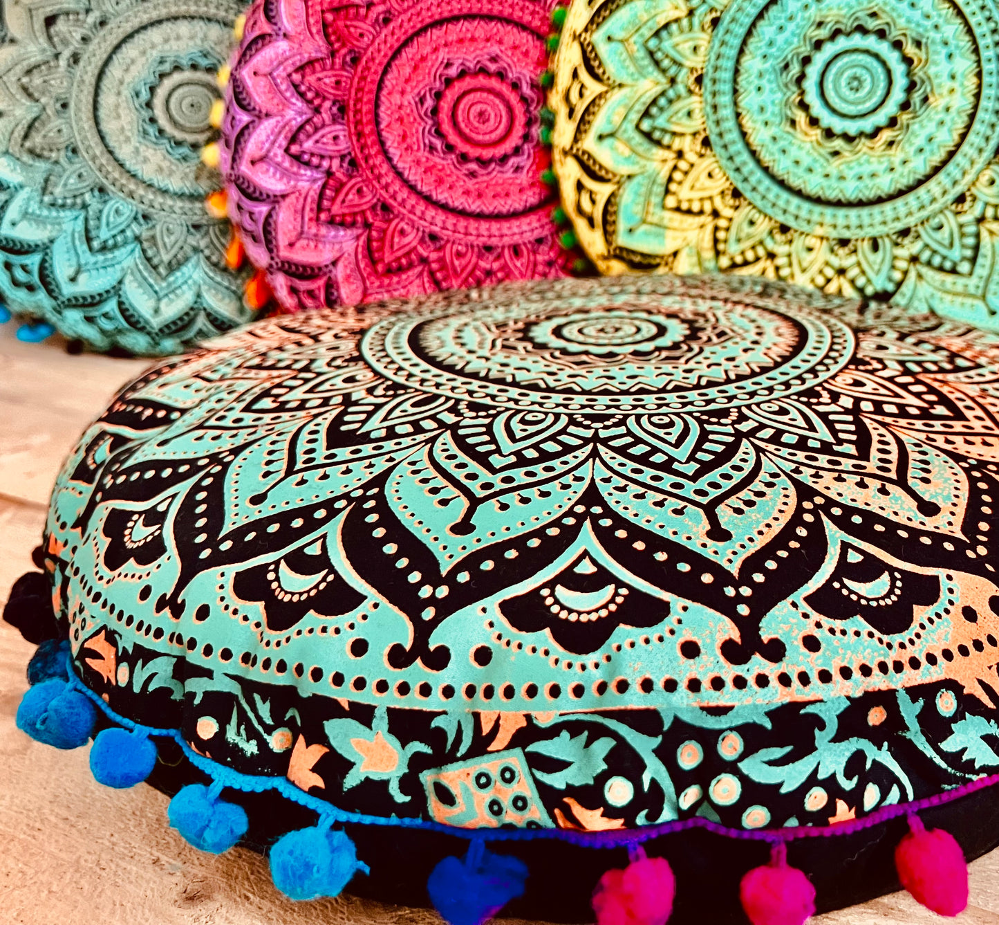 Handmade Fair Trade Round Mandala Print Yoga Meditation Floor Cushion Boho Hippie Home Decor Pom Pom