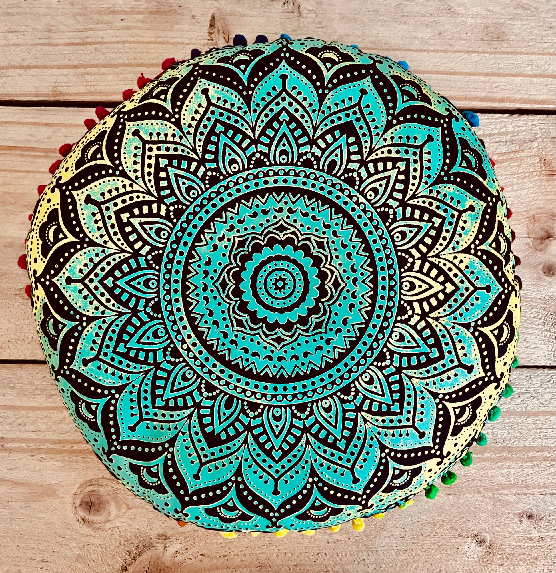 Handmade Fair Trade Round Mandala Print Yoga Meditation Floor Cushion Boho Hippie Home Decor Green Yellow