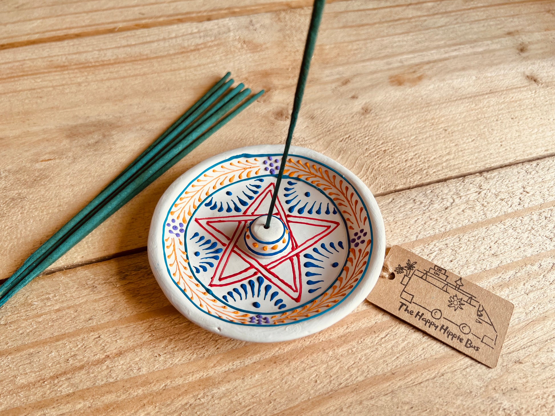 Round Clay Indian incense holder burner plate hand painted pentagram design incense tray white multicoloured painted design handmade fair trade ethically sourced 