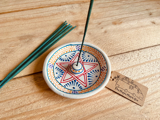 Round Clay Indian incense holder burner plate hand painted pentagram design incense tray white multicoloured painted design handmade fair trade ethically sourced 