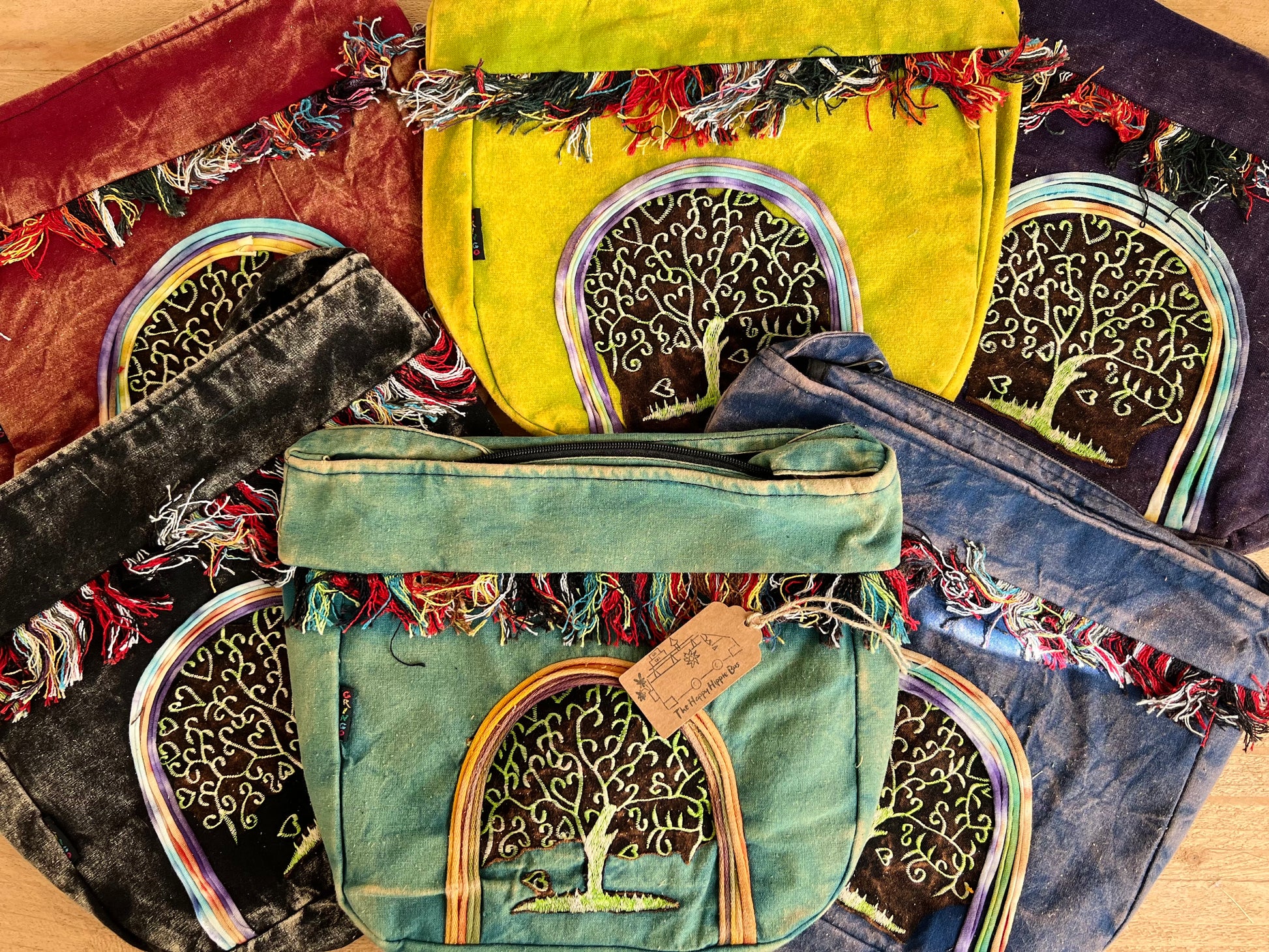 Handmade Fair Trade Stone Washed Hippie Bohemian Tree Of LIfe Shoulder Bag IN Black, Blue, Pink, Purple, Violet & Green