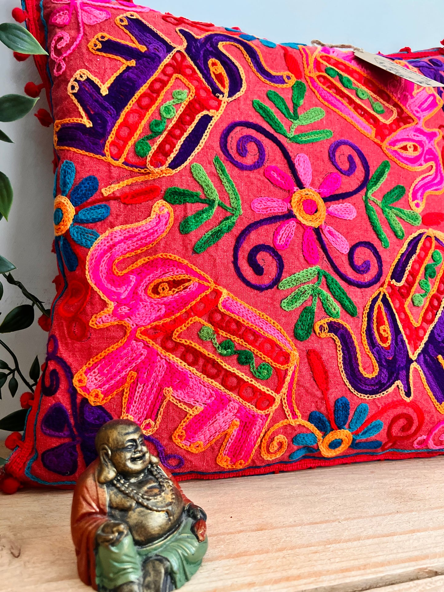Handmade Embroidered Bohemian Elepahnt Pink Purple Hippie Cushion Cover With Pom Pom Edge Fair Trade Ethically Sourced Handmade