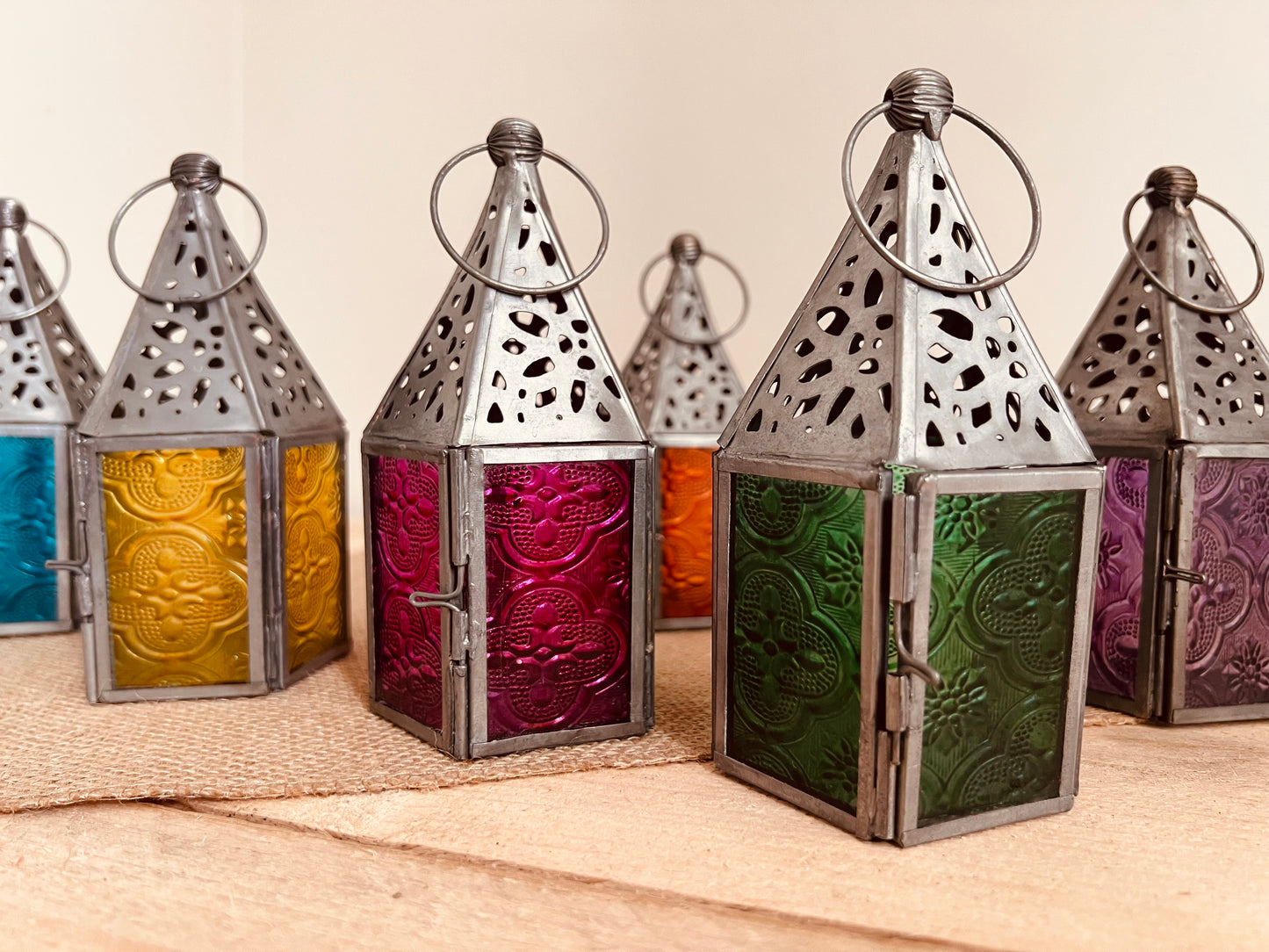 Mini stained glass Moroccan lantern tea light candle holder handmade fair trade small metal glass lantern 