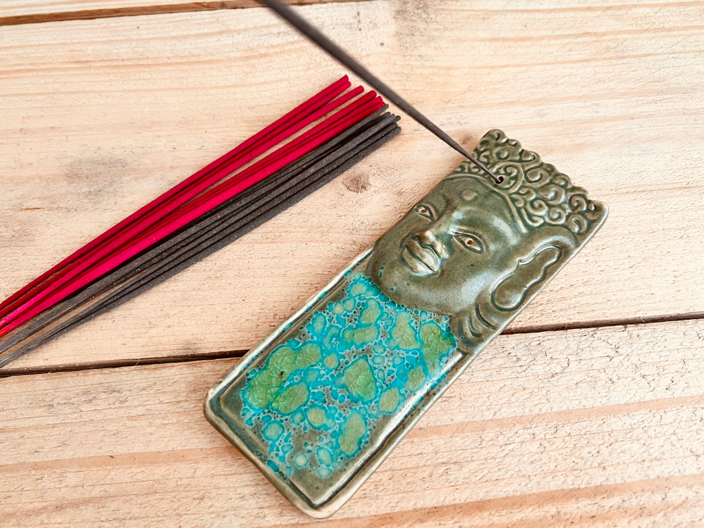 Handmade Fair Trade Ceramic Buddha Incense Stick Ash Catcher Holder Green Gold