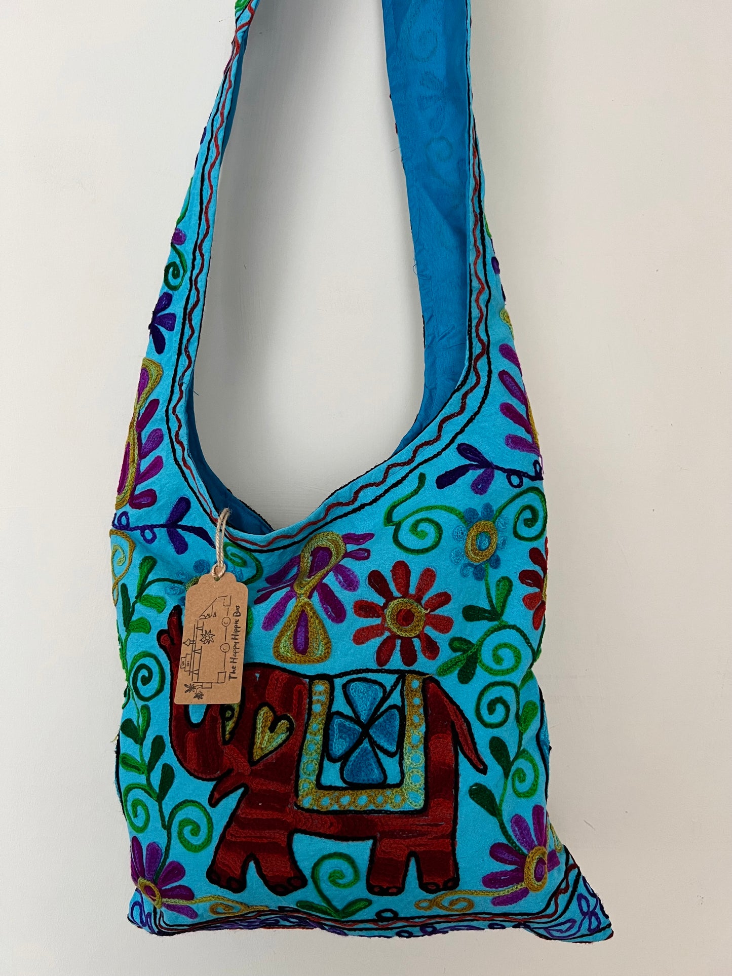 Handmade Fair Trade Hand Embroidered Elephant Hippie Shoulder Bag In Blue & Green Bohemian Festival Beach Bag 