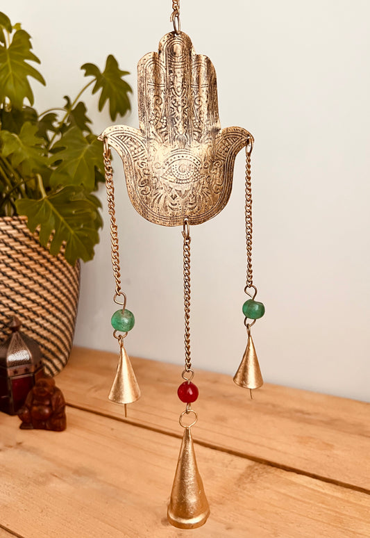 Hamsa Hand of Fatima rustic gold Indian bells with colourful beads indoor wind chime bells boho hippie home decor bells hanging chime bells, handmade recycled fair trade ethically sourced boho hippie home decor bells