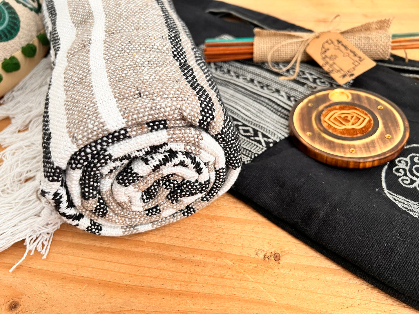 Handmade black and teal meditation set with cushion, cotton throw, incense and holder – eco-friendly yoga gift set for mindfulness and relaxation, recycled cotton striped throw in grey & natural