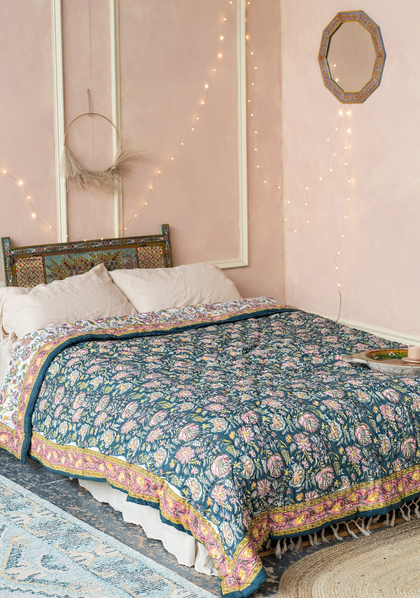 Handmade Bohemian Bedspread in blue  double king size bed throw blanket duvet