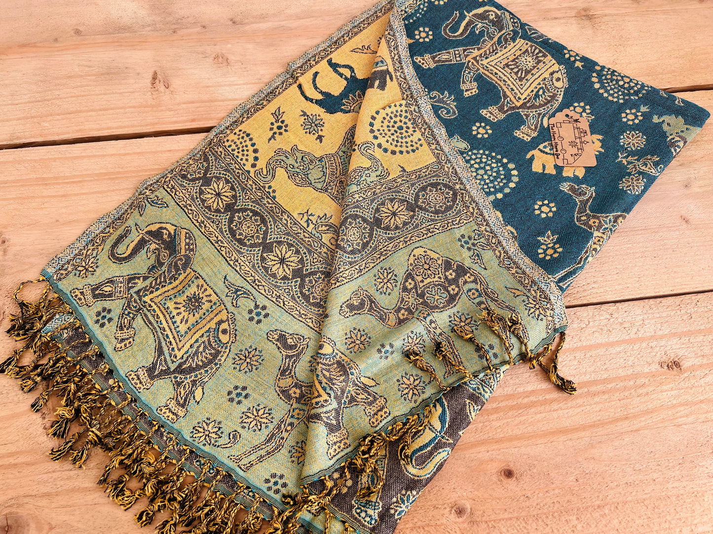 Handmade Fair Trade Ethically Sourced Blue Oversized Blanket Scarf Elephant Print Tassels Hippie Indian Gold Yellow Sofa Blanket 