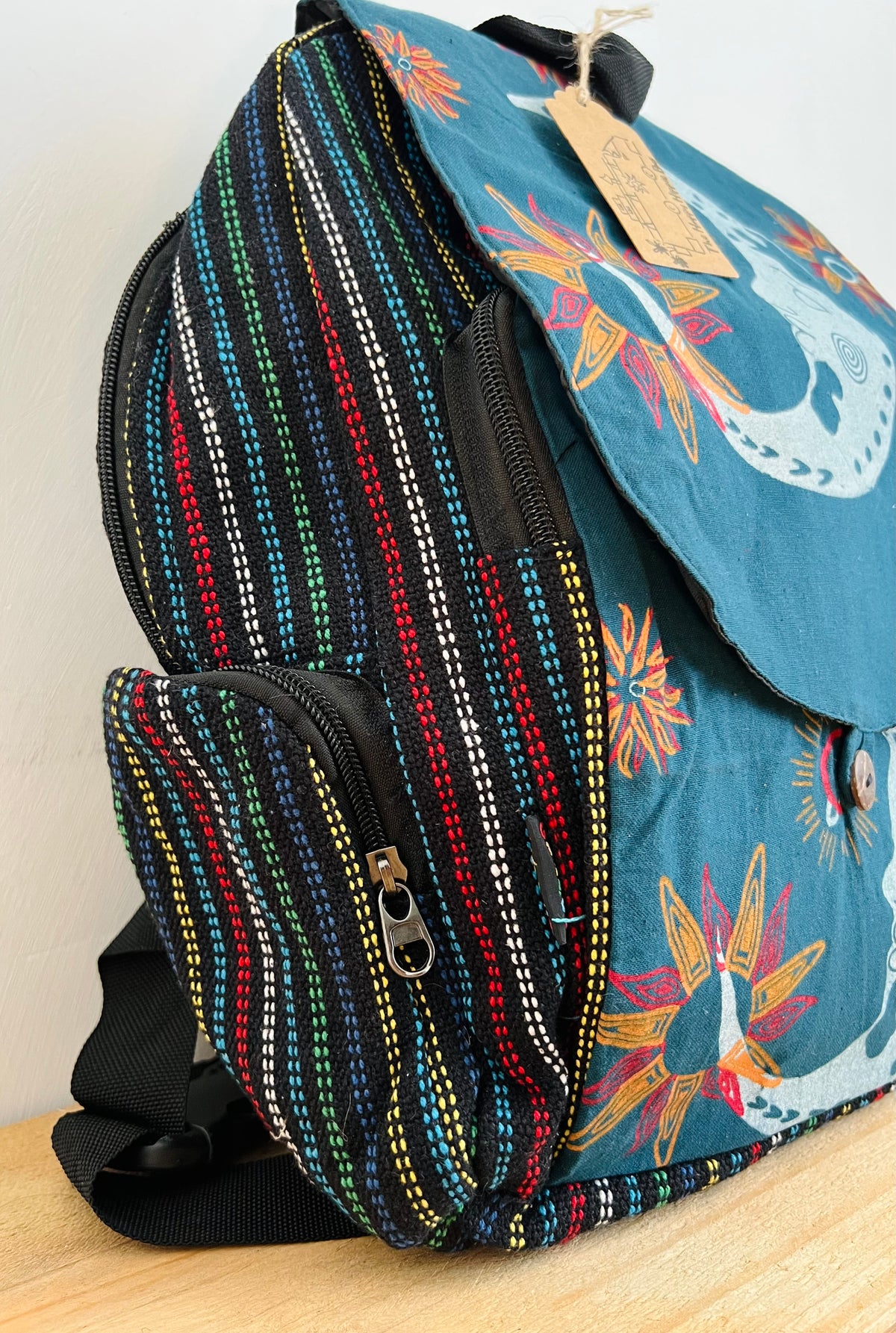 Crescent Moon Hand Printed Backpack Midnight Blue & Earth Green