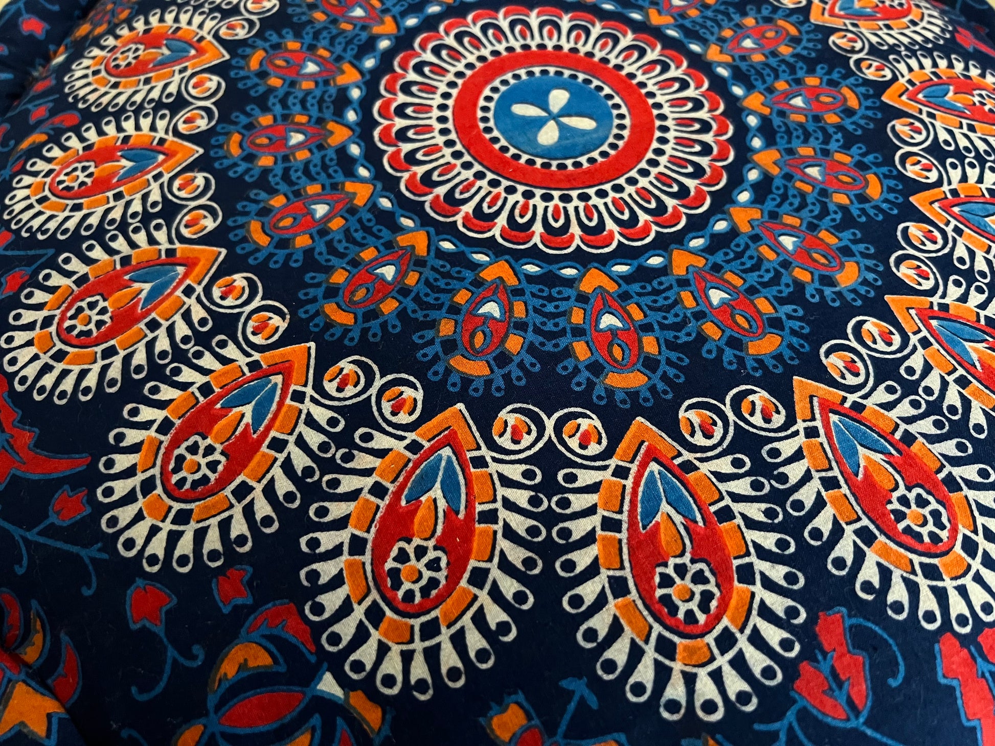 Handmade Fair Trade Peacock Print Large Floor Yoga Meditation Cushion Bohemian Hippie Home Decor Orange Blue