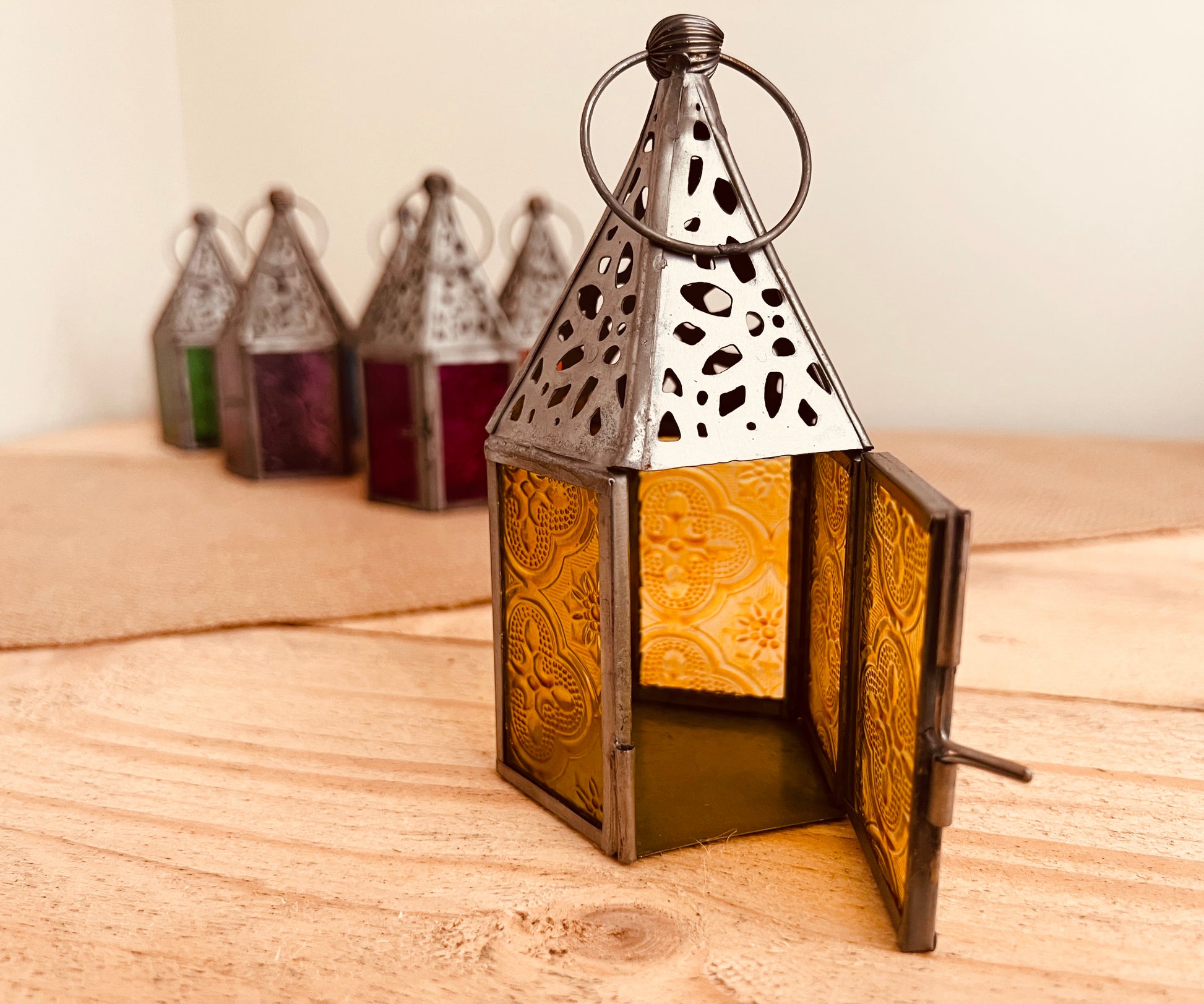 Mini stained glass Moroccan lantern tea light candle holder handmade fair trade small metal glass lantern 