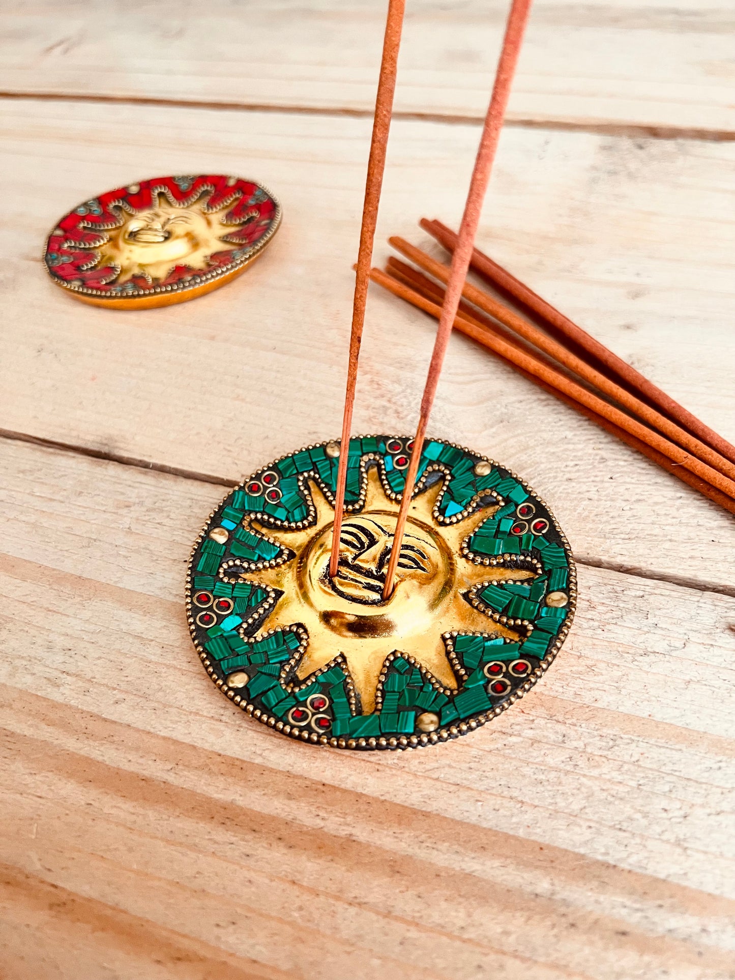 Handmade Fair Trade Mossaic Incense Stick HOlder With Gold Sun Face Ash Catcher Green