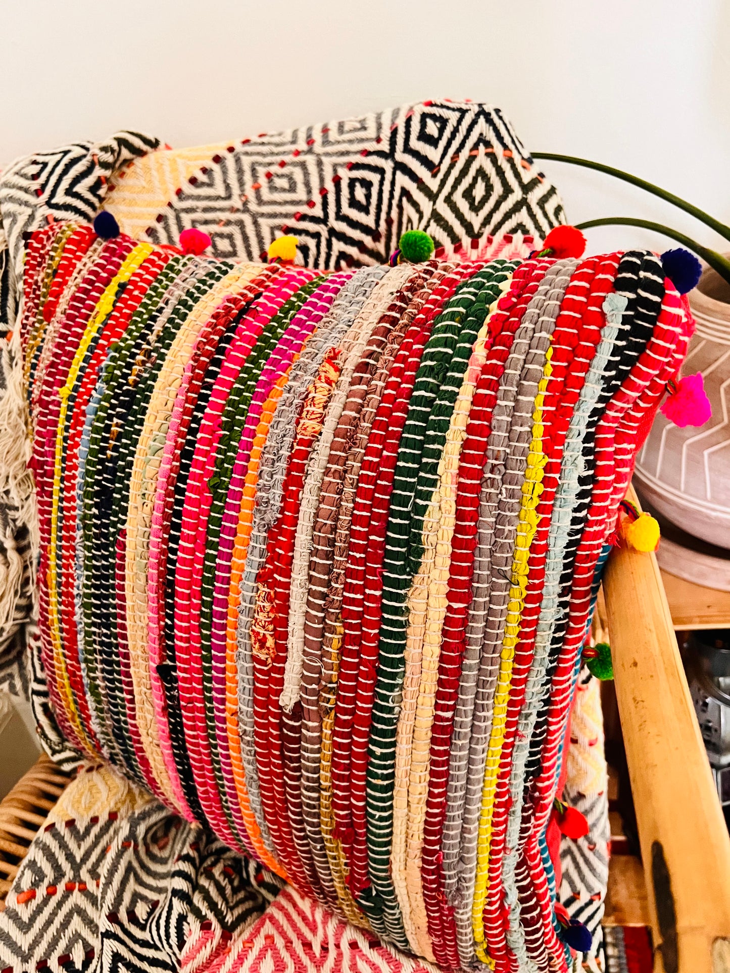 Handmade fair trade rag rug cushion rainbow stripe