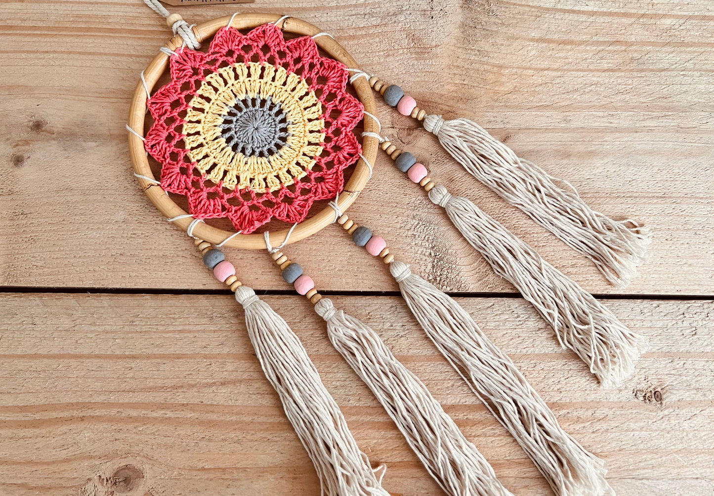 Handmade fair trade ethically sourced vegan crochet tassel bamboo dream catcher