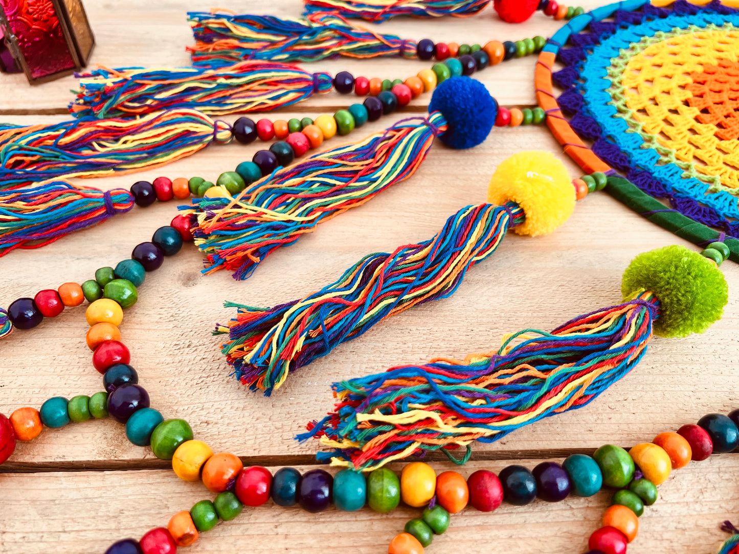 Large rainbow crochet dream catcher colourful pom pom beads dreamcatcher extra large long hanging boho hippie home decor dream catcher colourful vibrant rainbow living room, bedroom decor gift