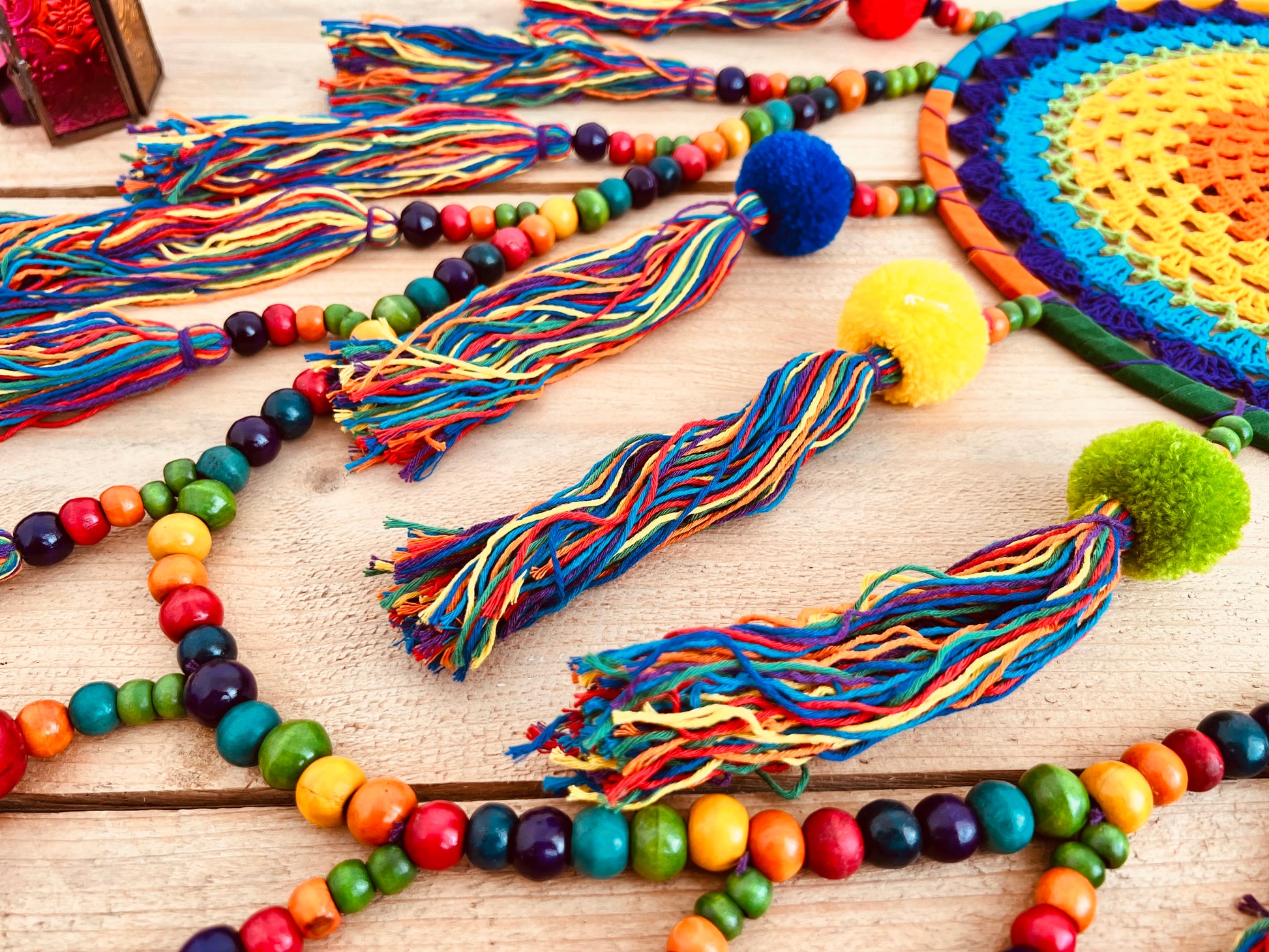 Large rainbow crochet dream catcher colourful pom pom beads dreamcatcher extra large long hanging boho hippie home decor dream catcher colourful vibrant rainbow living room, bedroom decor gift