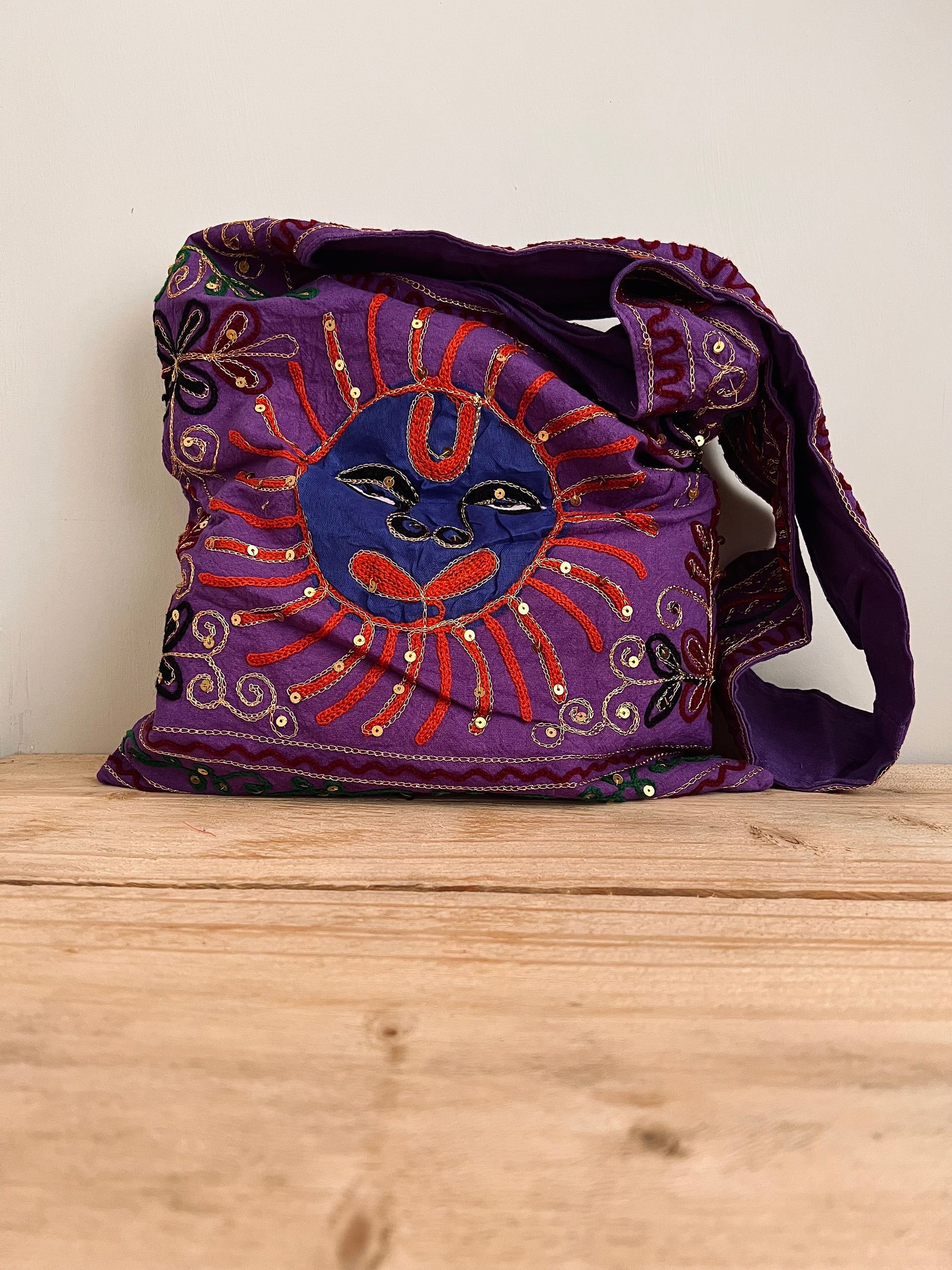 Handmade Fair Trade Hand Embroidered Smiling Indian Sun Shoulder Bag Festival Travel Bohemian Bag Purple