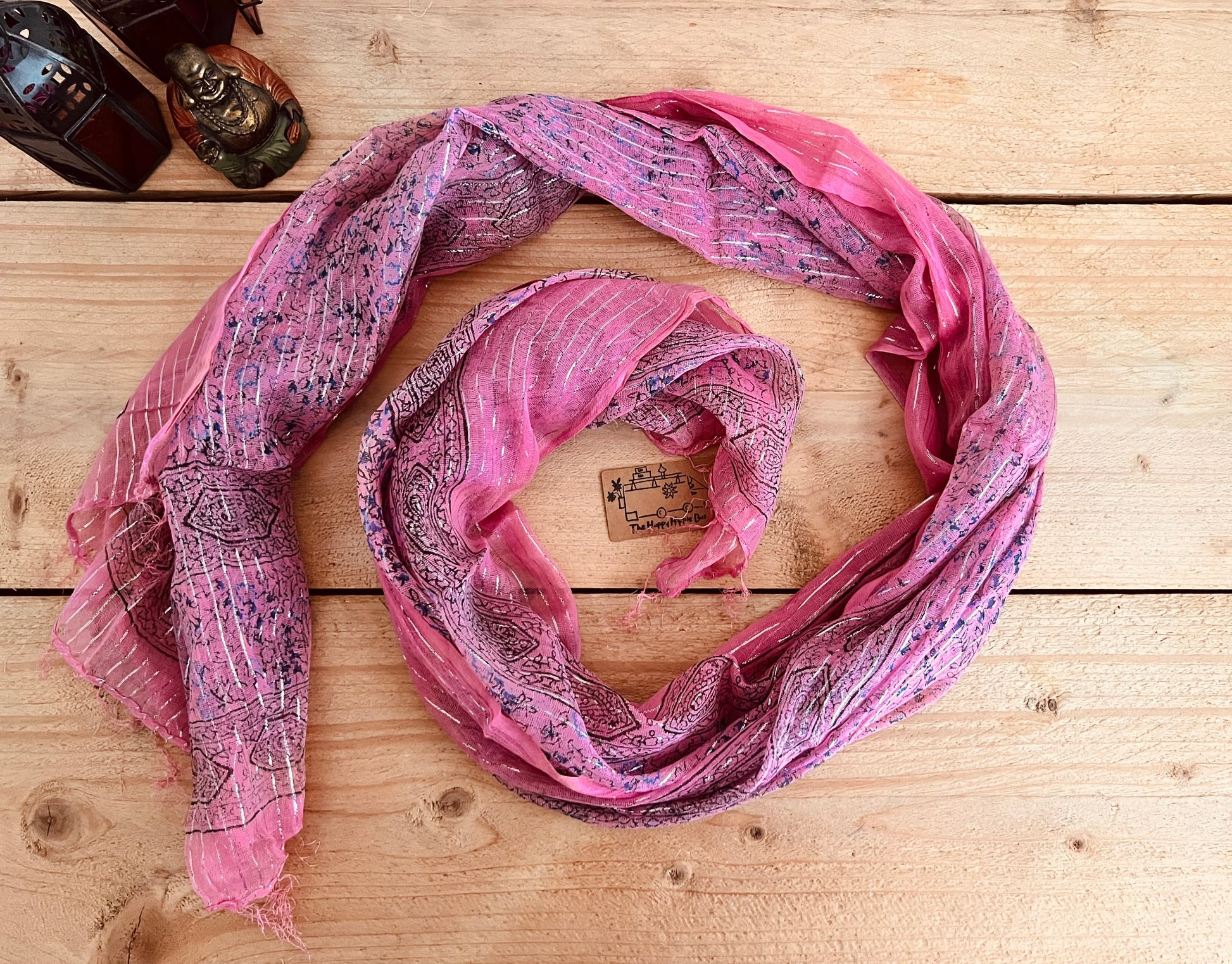 Rose Pink Colourful Handmade lightweight boho ethnic print scarf with silver lurex thread, soft lightweight shawl scarves with tassel edge, boho hippie chic accessories 