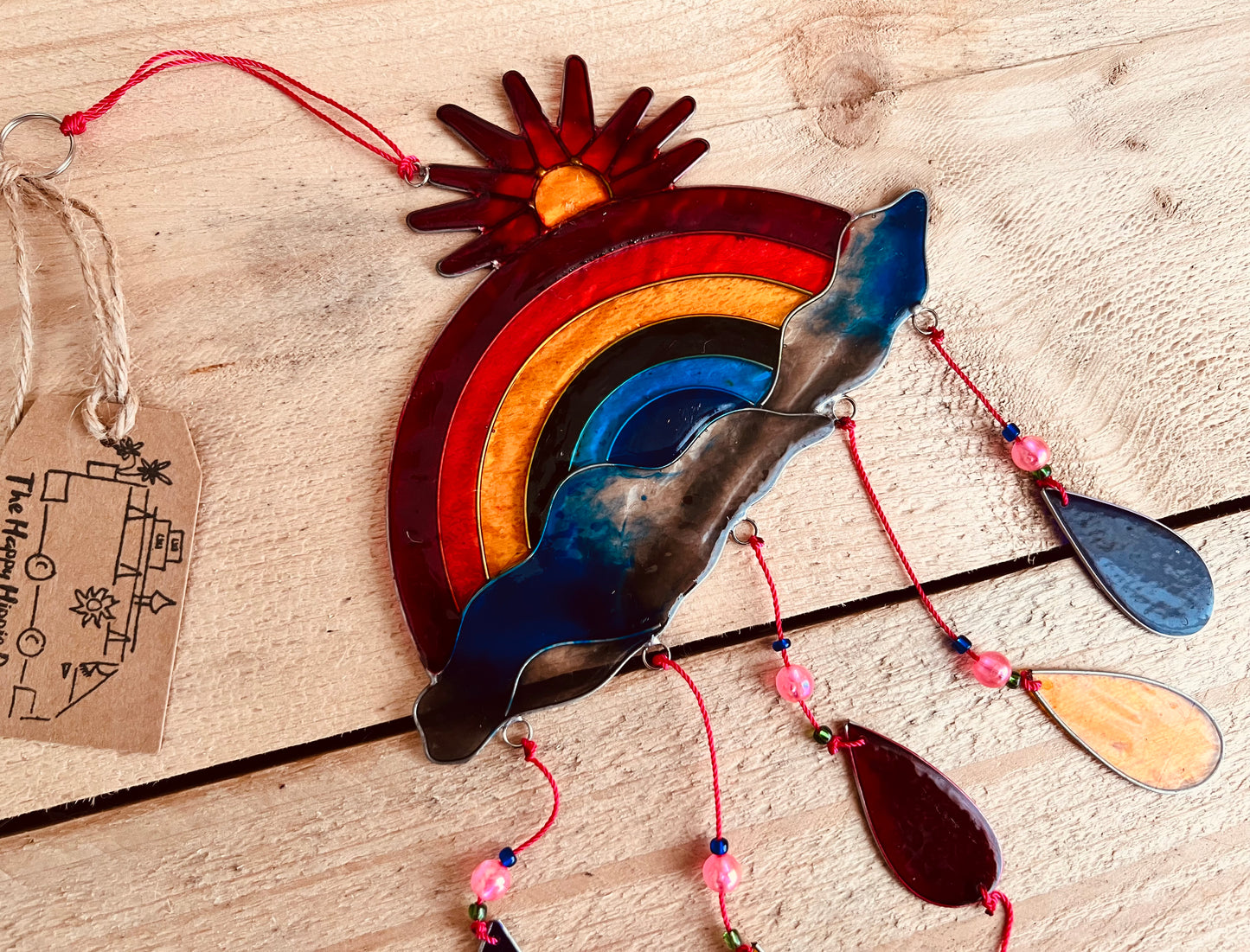 Handmade Fair Trade Resin Sun Catcher With Rainbow Sun & Rain Drops Window Decor Hippie Bohemian 