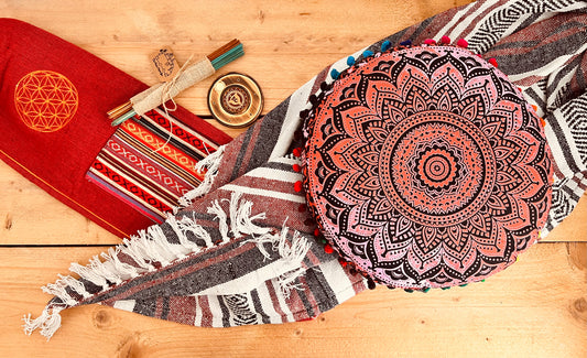 Handmade red meditation set with cushion, throw, incense and yoga mat bag and incense holder – eco-friendly yoga gift set for mindfulness and relaxation, self care gift 