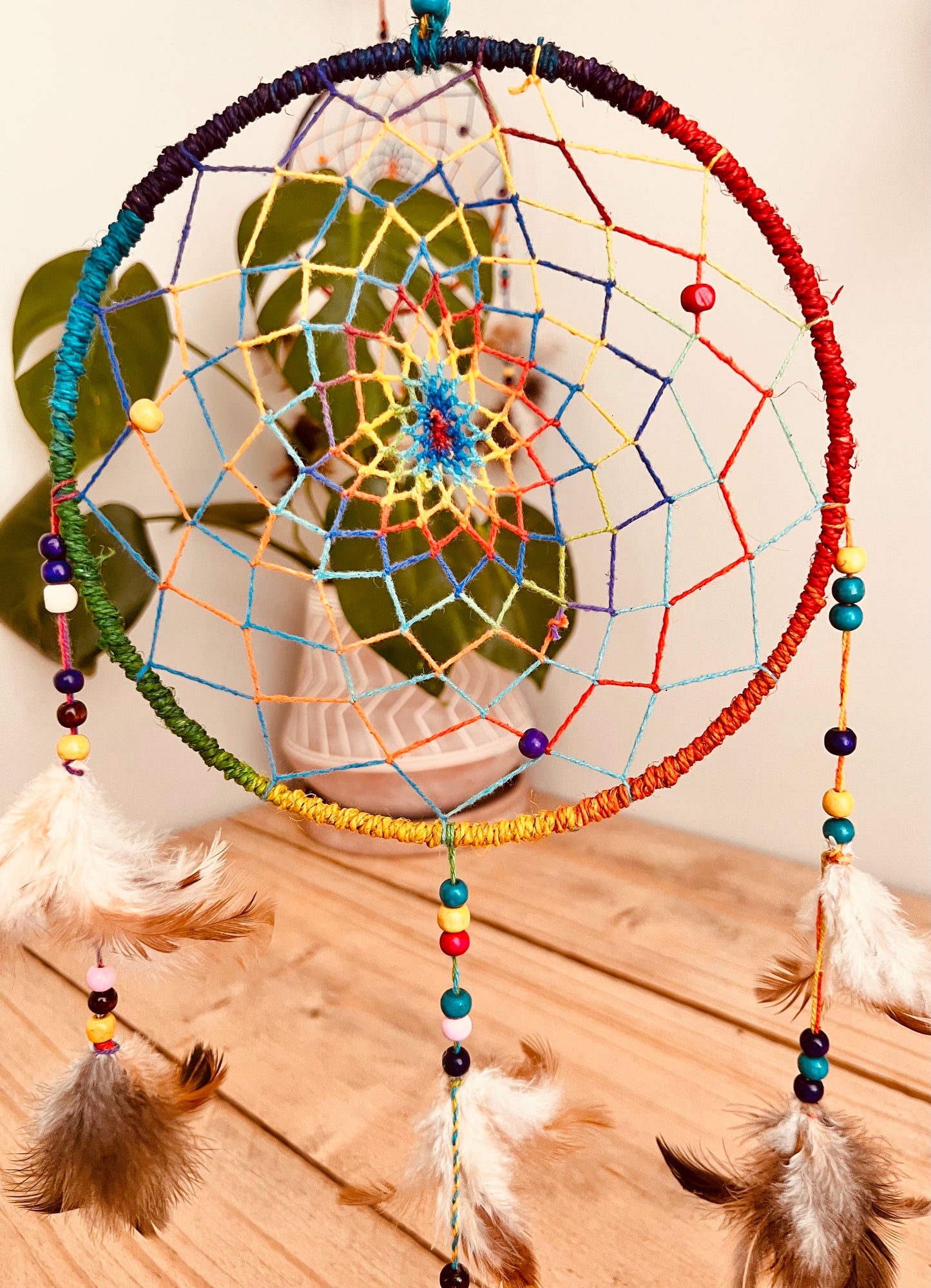 Colorful dreamcatcher with feathers dream catcher handmade fair trade rainbow hemp dreamcatcher, ethical boho hippie home decor bedroom dreamcatcher in multicolours