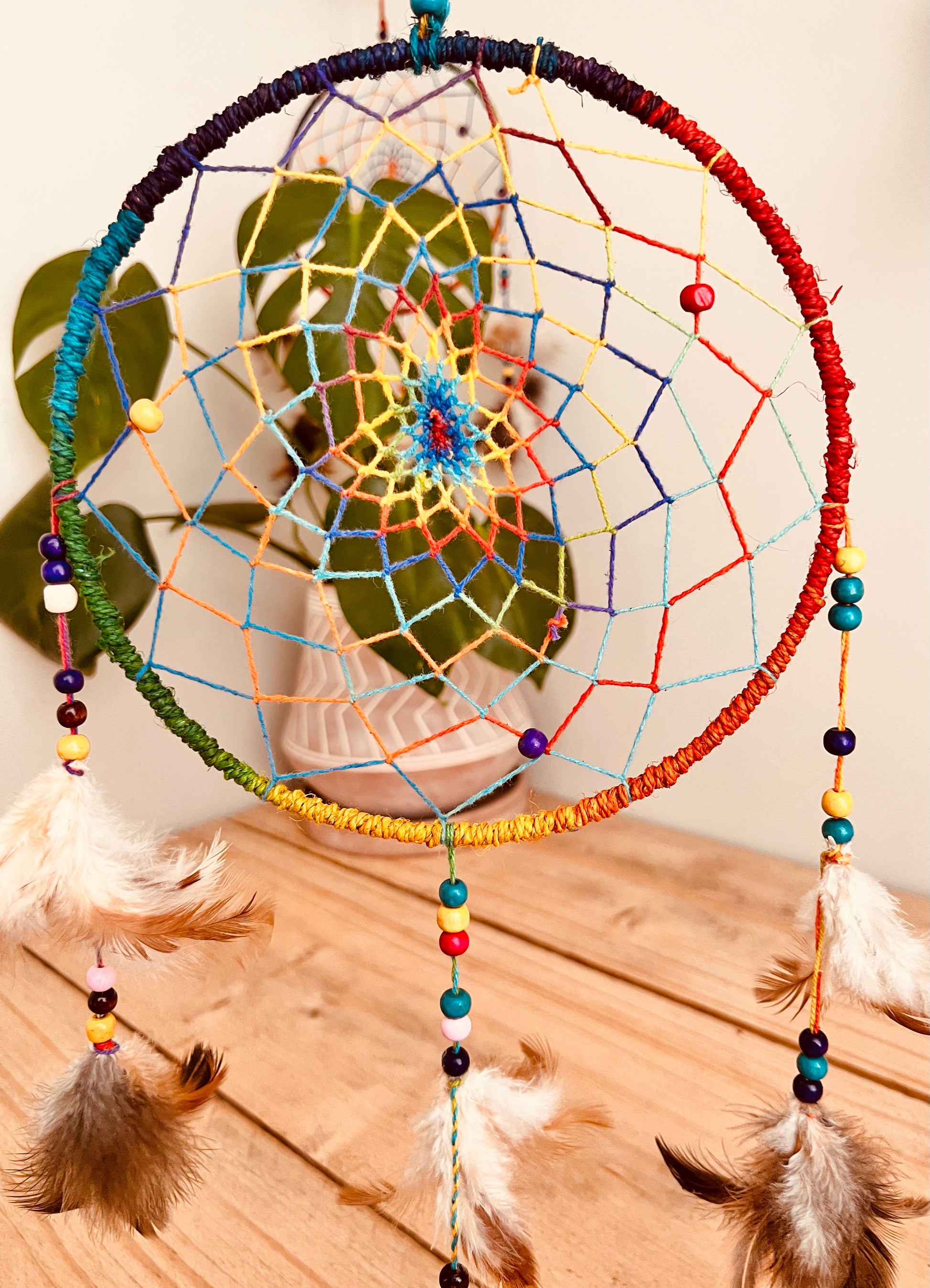 Colorful dreamcatcher with feathers dream catcher handmade fair trade rainbow hemp dreamcatcher, ethical boho hippie home decor bedroom dreamcatcher in multicolours