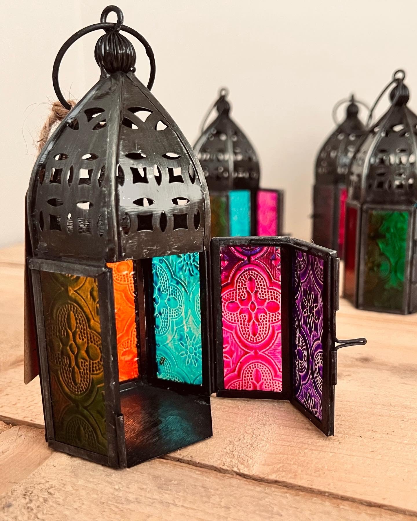 Handmade Fair Trade Moroccan Style Lantern with Multi Coloured Glass Bohemian Hippie T Light Holder 