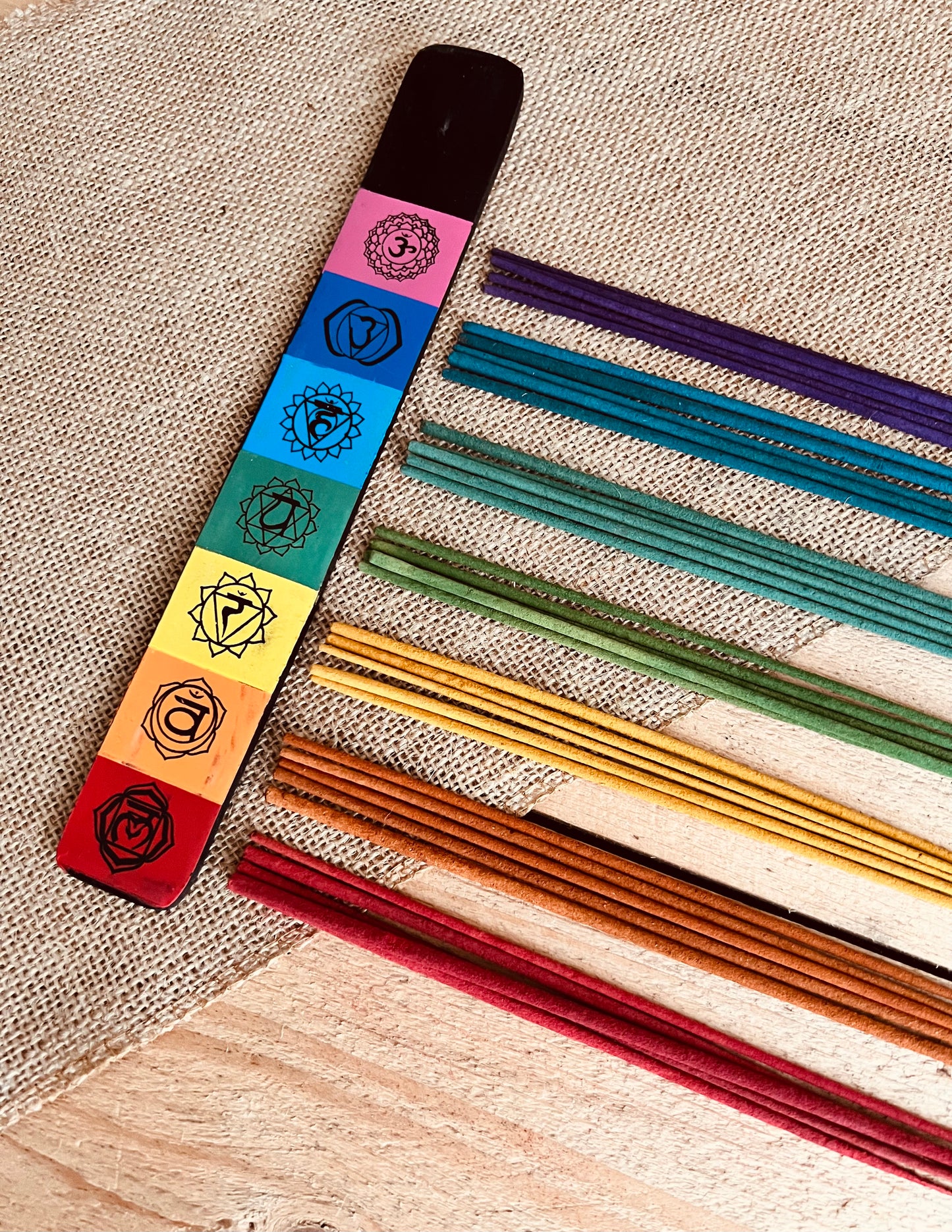 Handmade Fair Trade Chakra Design Mango Wood Incense Holder & Rainbow Incense Sticks Gift Set