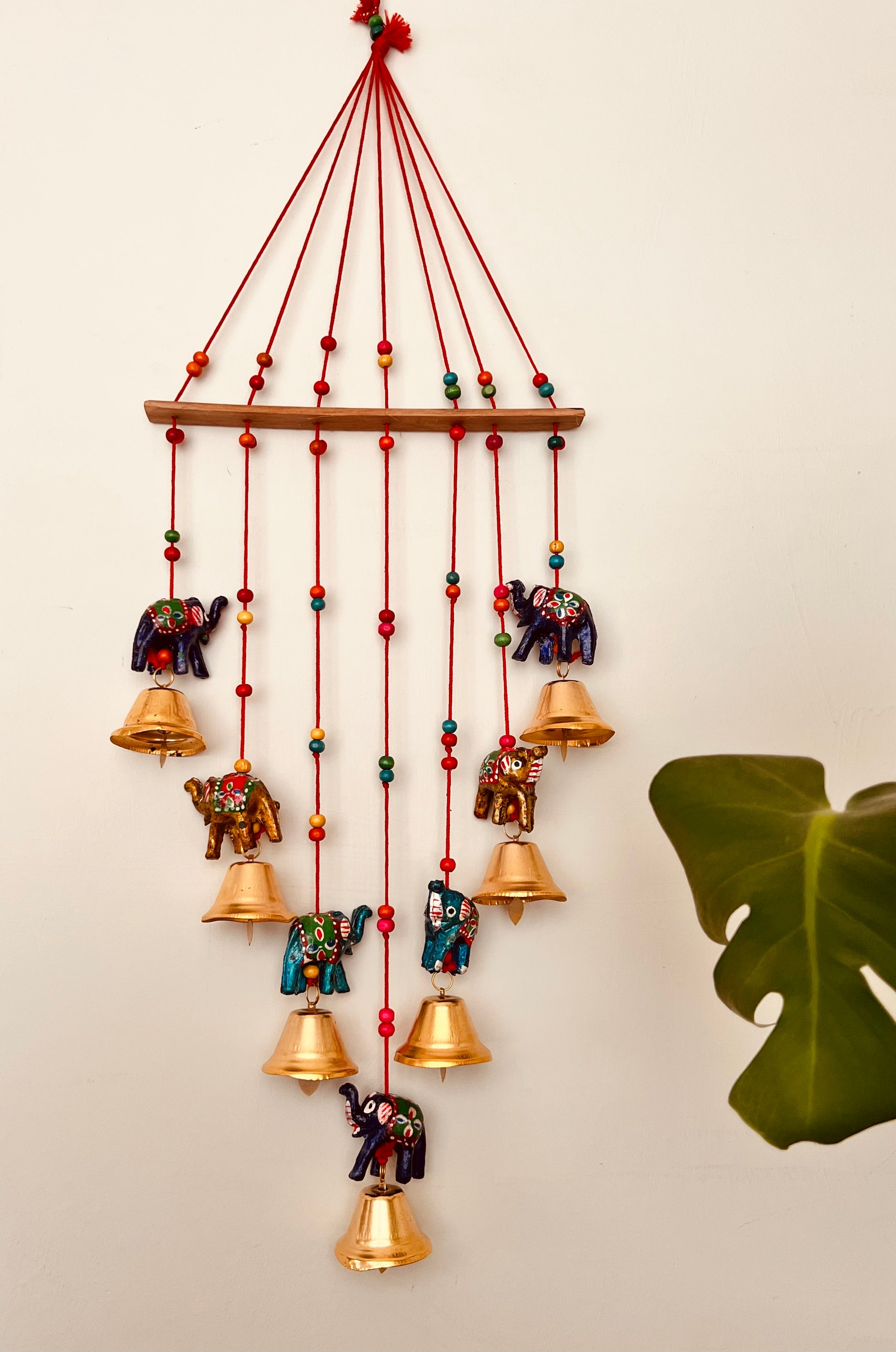 Handmade fair trade ethically sourced Indian elephant wind chime hanging mobile bells multicoloured bell decoration boho hippie home decor 