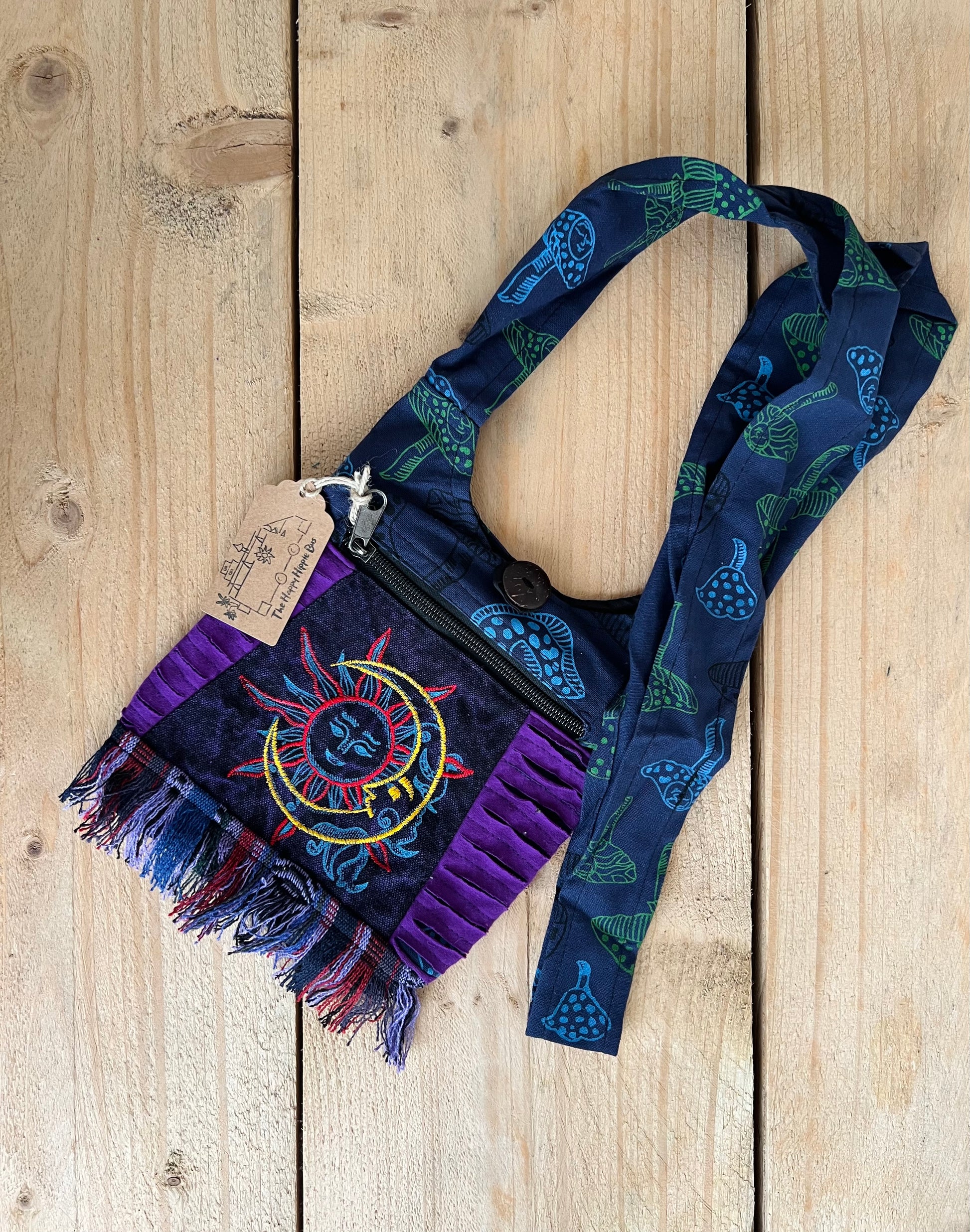 Handmade Fair Trade Bohemian Sun & Crescent Moon Hippie Shoulder Money Bag Beach Travel Festival 