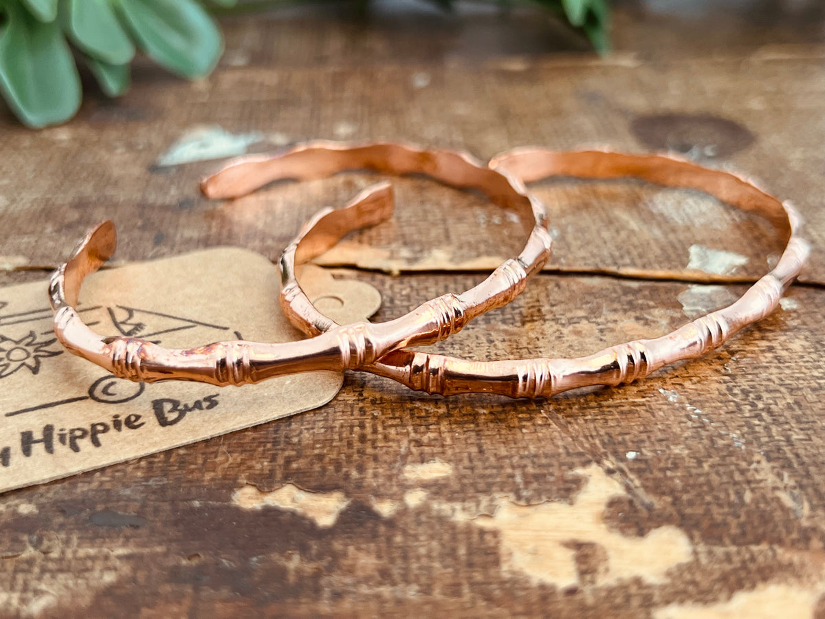 Handcrafted Solid Copper Slim Cuff Bracelet - Bamboo Style Design