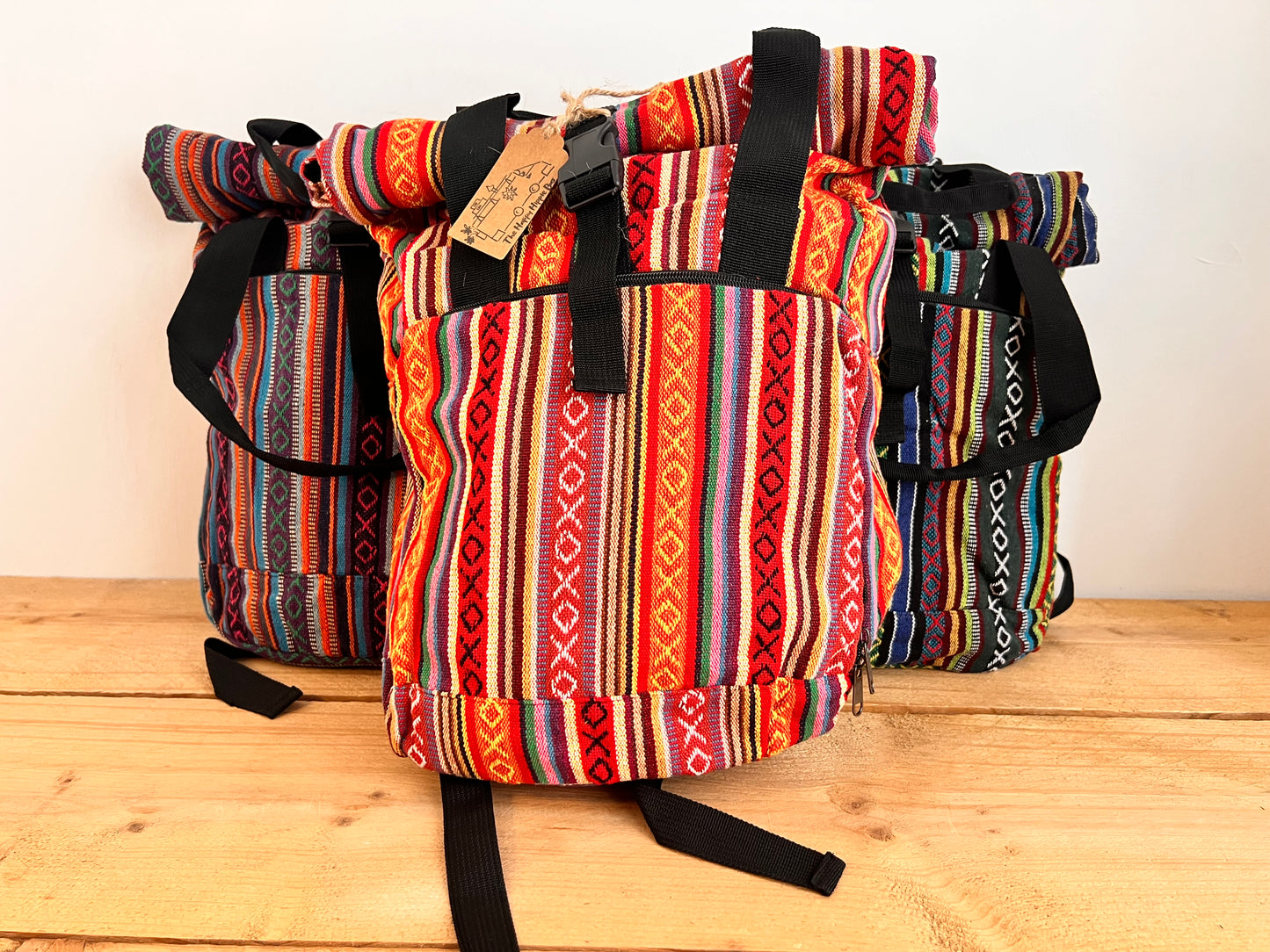 Roll Top Boho Strip Backpack