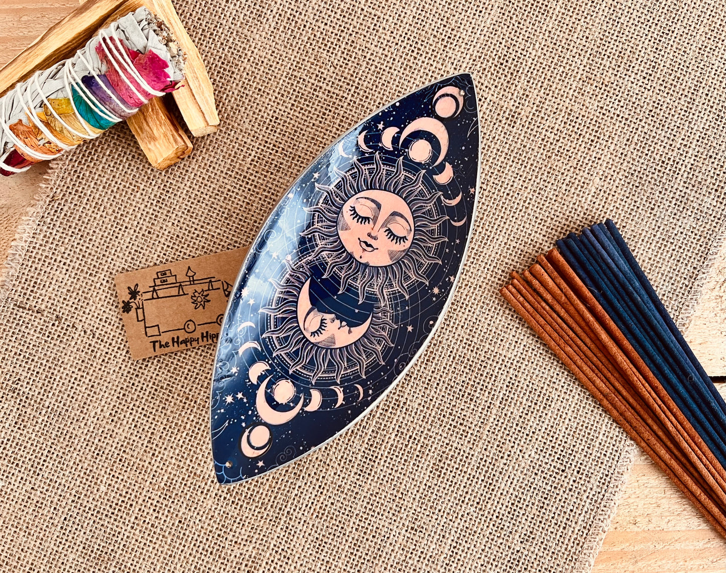 Handmade Fair Trade Ethically Sourced Bohemian Hippie Incense Holder Moon & Sun Design 