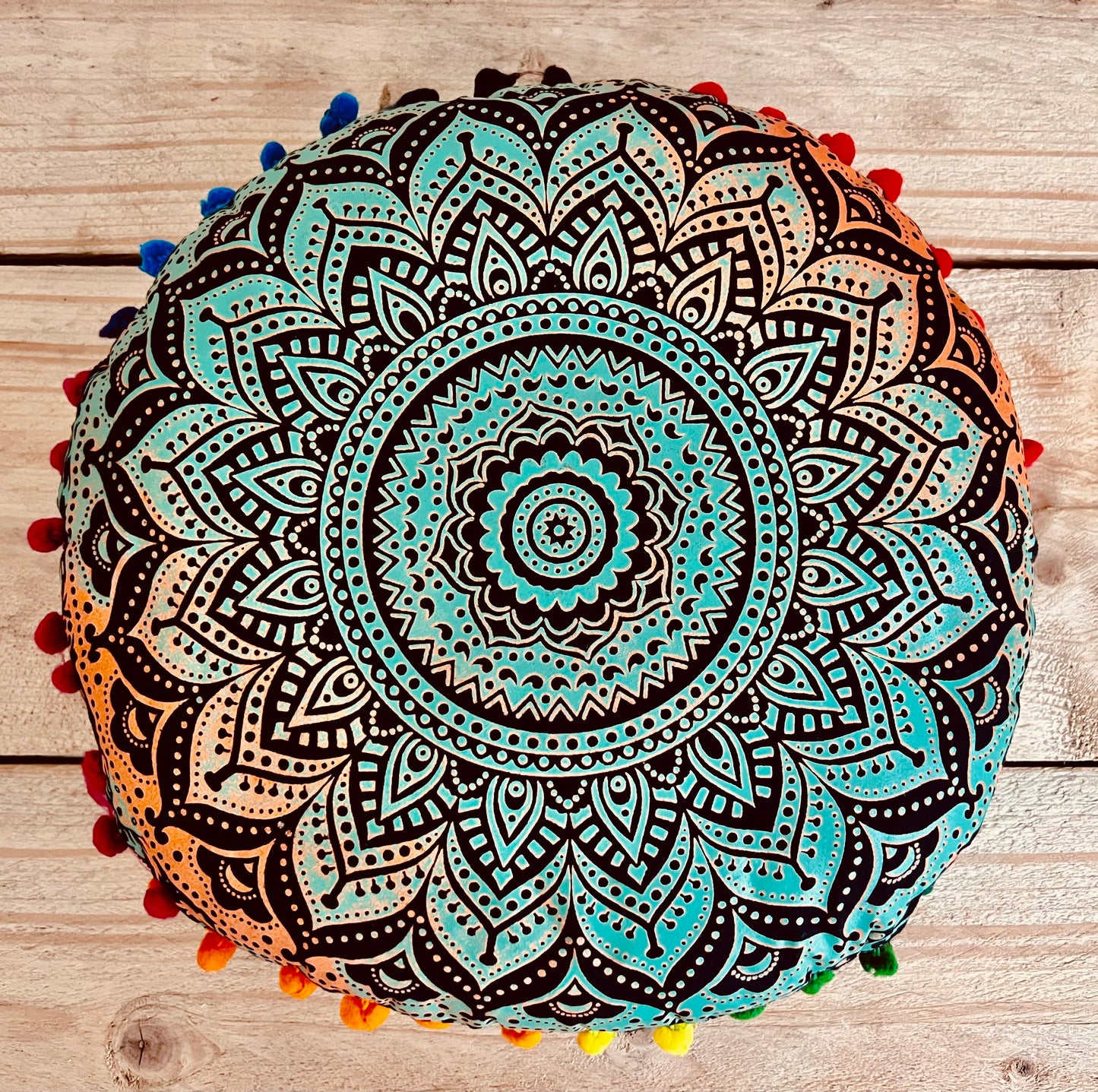 Handmade Fair Trade Round Mandala Print Yoga Meditation Floor Cushion Boho Hippie Home Decor Orange Green