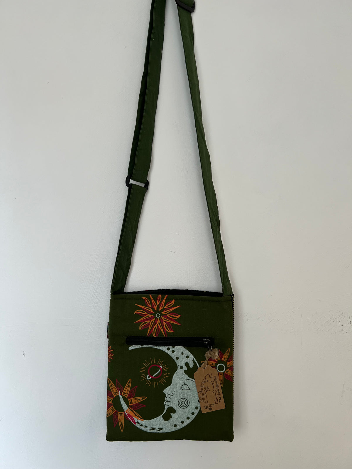 Handmade Forest Green Nepalese Cotton Moon Print Passport Crossbody Bag
