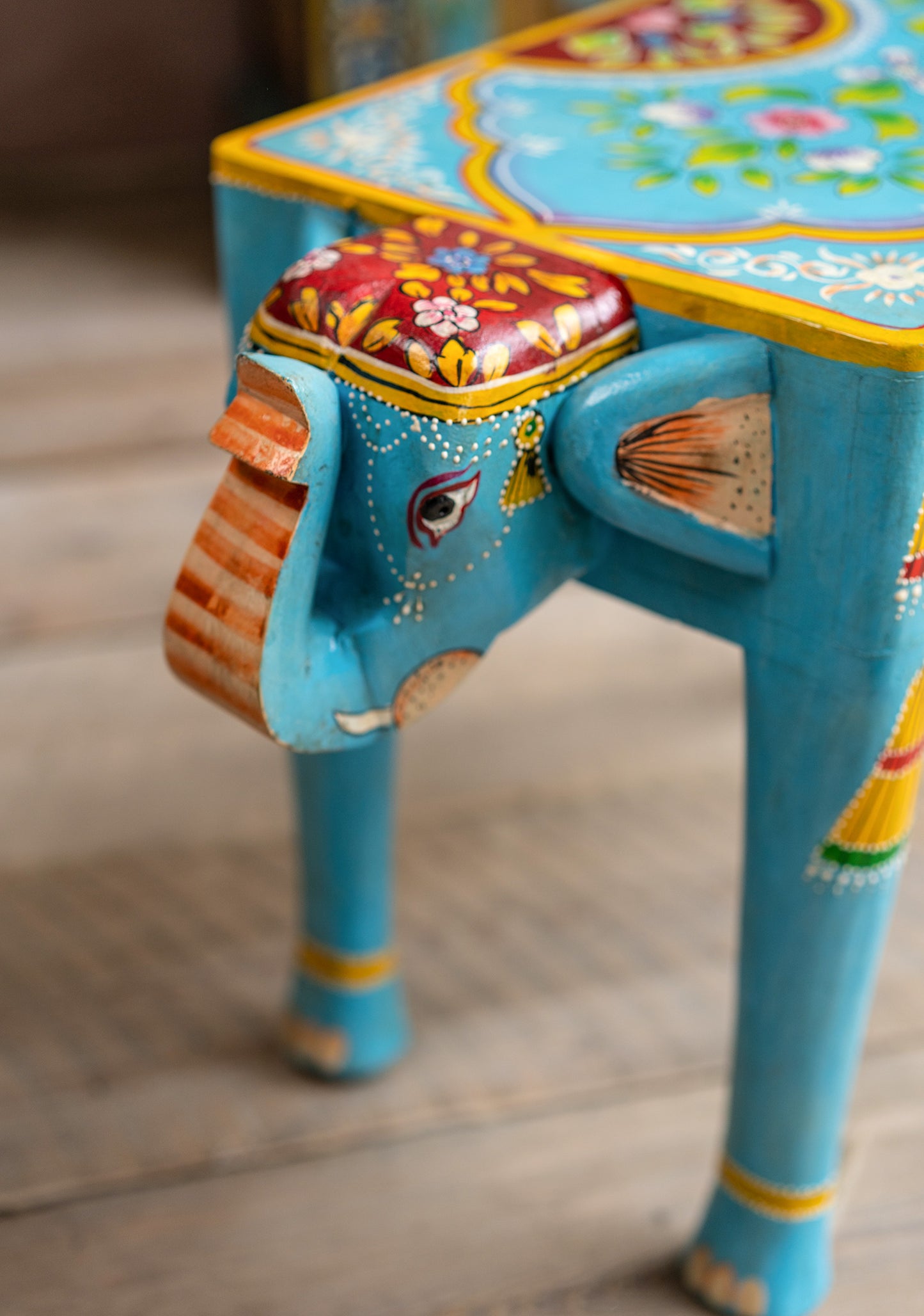 Handmade Fair Trade Ethically Sourced Bohemian Hippie Elephant Blue Table Side Table Unique Hand Painted 
