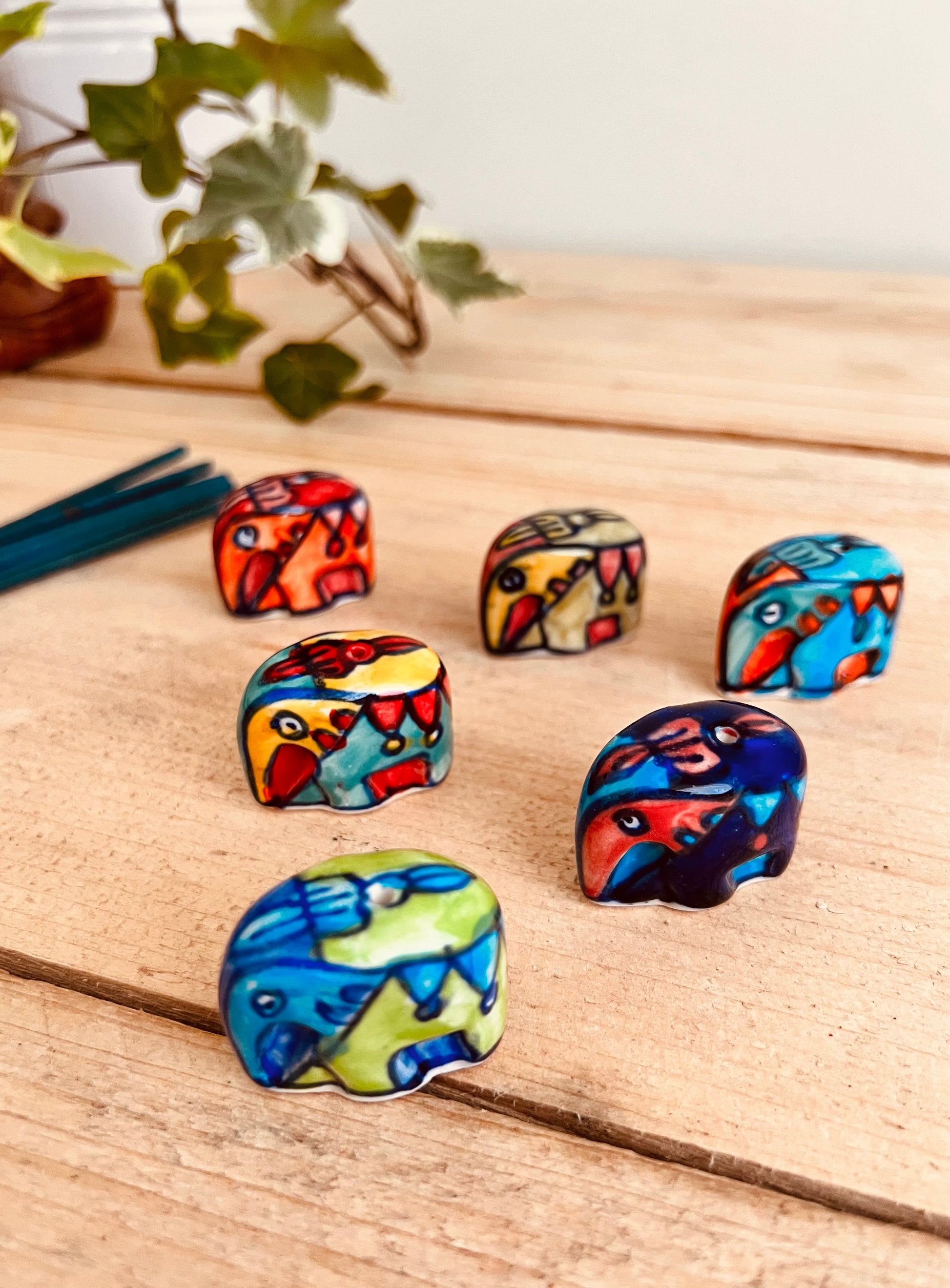 Mini ceramic elephant incense stick holder burner in colourful hand painted designs, handmade fair trade & ethically sourced home decor & home fragrance 