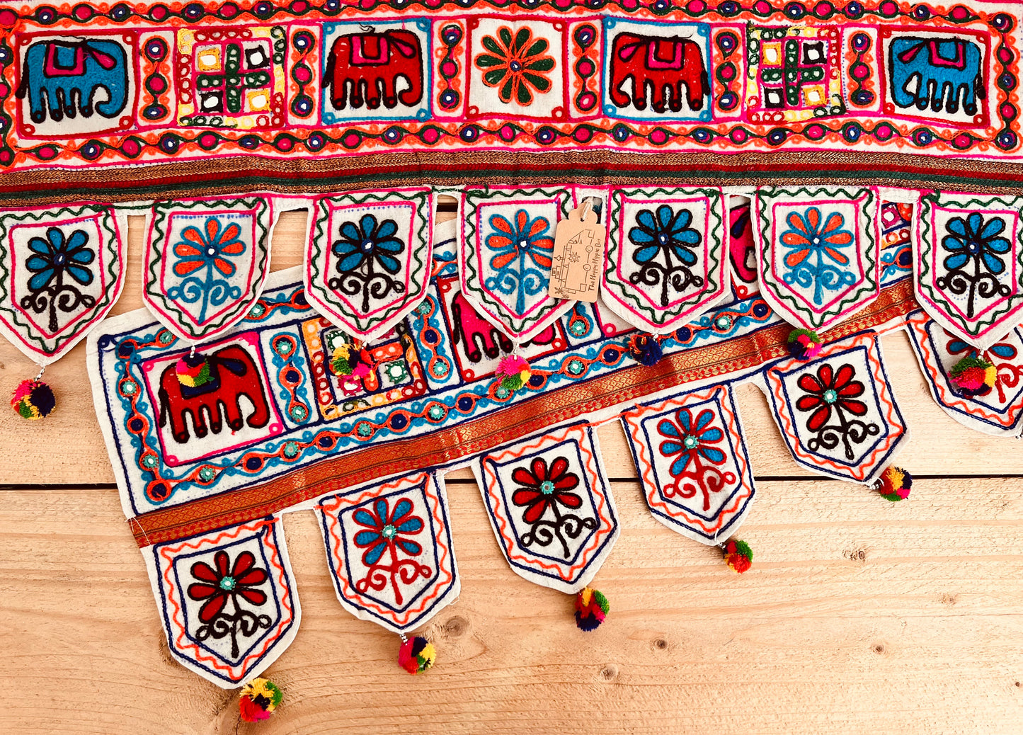 Decorative fabric with colorful patterns and tassels Handmade Indian Elephant Toran Hanging Door Decor Bohemian Hippie Fair Trade 