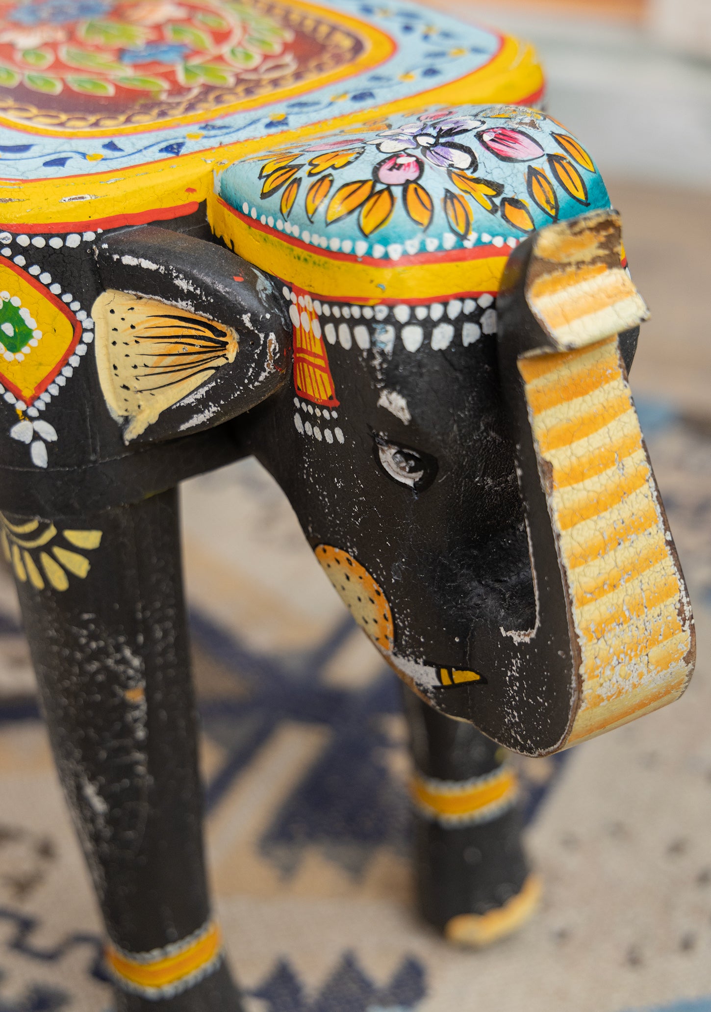 Handmade Fair Trade Ethically Sourced Bohemian Hippie Elephant Black Yellow Table Side Table Unique Hand Painted 