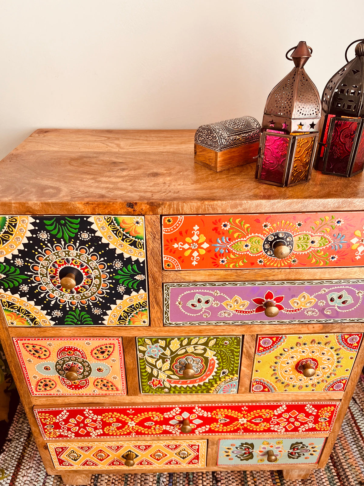 Hand Painted Bohemian 9 Drawer Cabinet Chest - Bedroom Living Room Decor