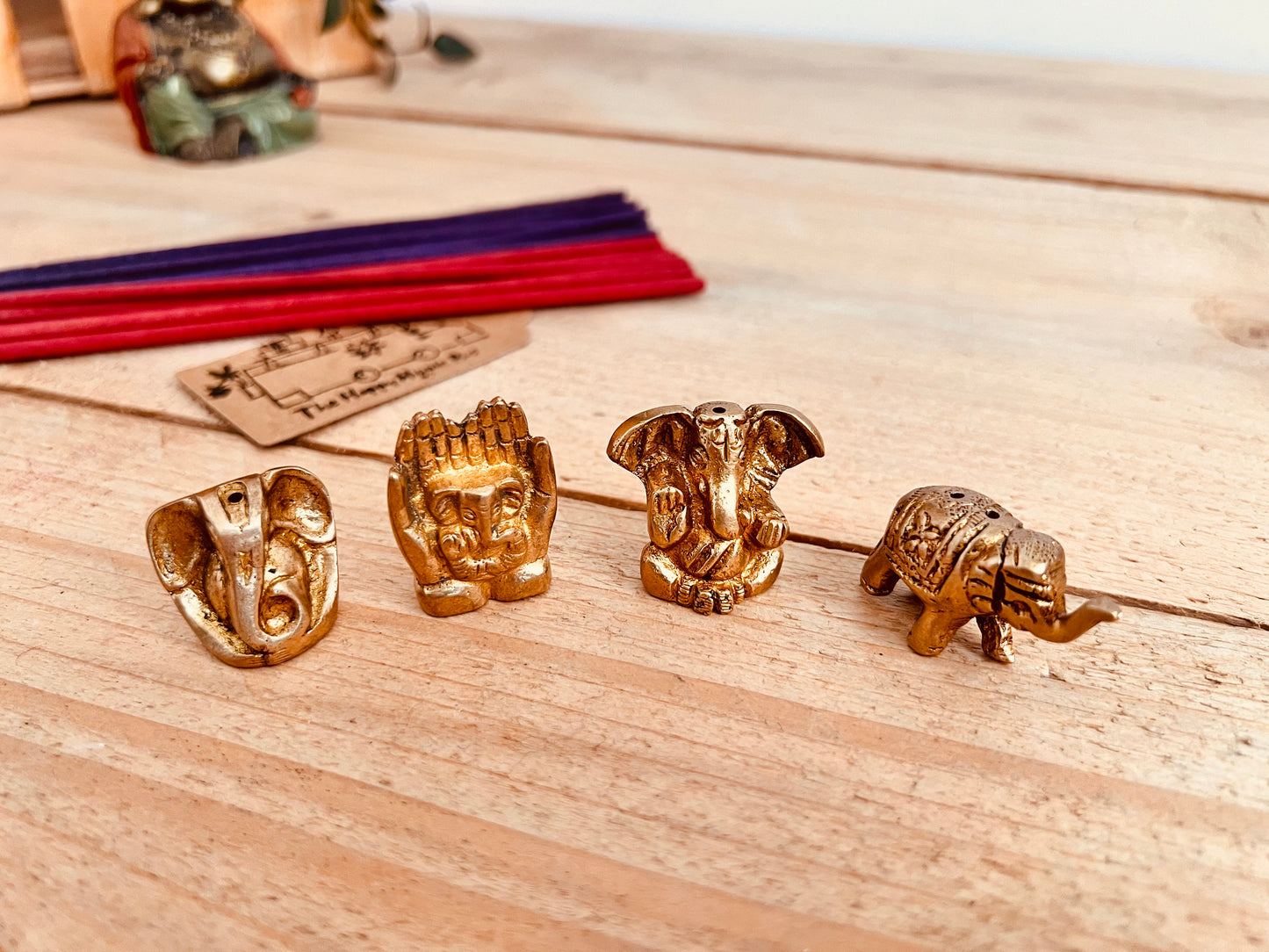 Mini Brass Elephant & Ganesha Incense Stick Holders