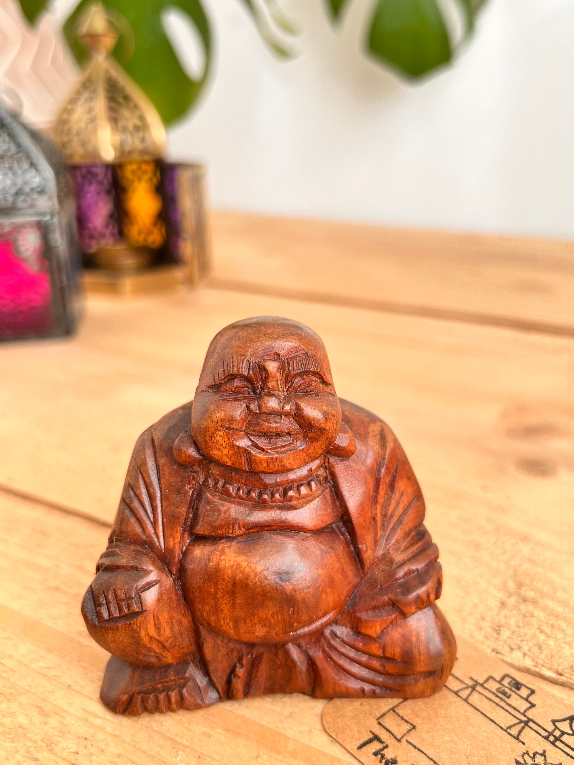 Handmade fair trade carved wooden mini Buddha statue ornament, boho hippie home decor laughing good luck spiritual Buddha home decor mini statue 