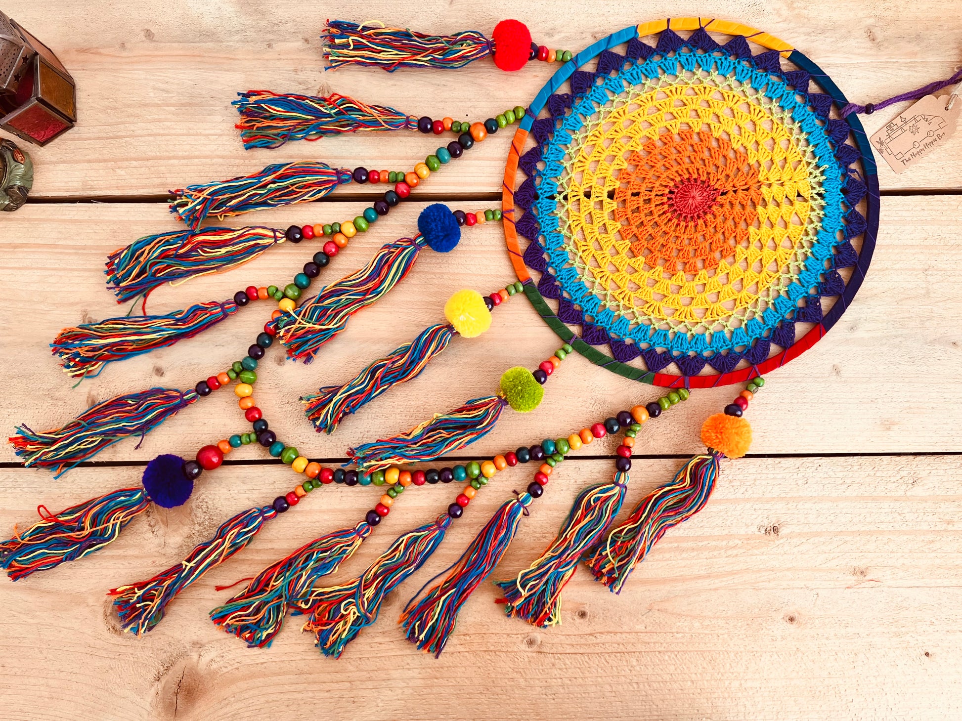 Large rainbow crochet dream catcher colourful pom pom beads dreamcatcher extra large long hanging boho hippie home decor dream catcher colourful vibrant rainbow living room, bedroom decor gift
